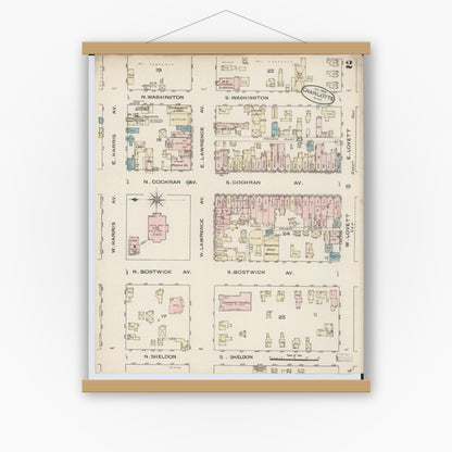 Old map wall art mockup — magnetic wood frame on white wall — Sanborn Fire Insurance Map from Charlotte, Eaton County, Michigan (1886), Sheet #0002