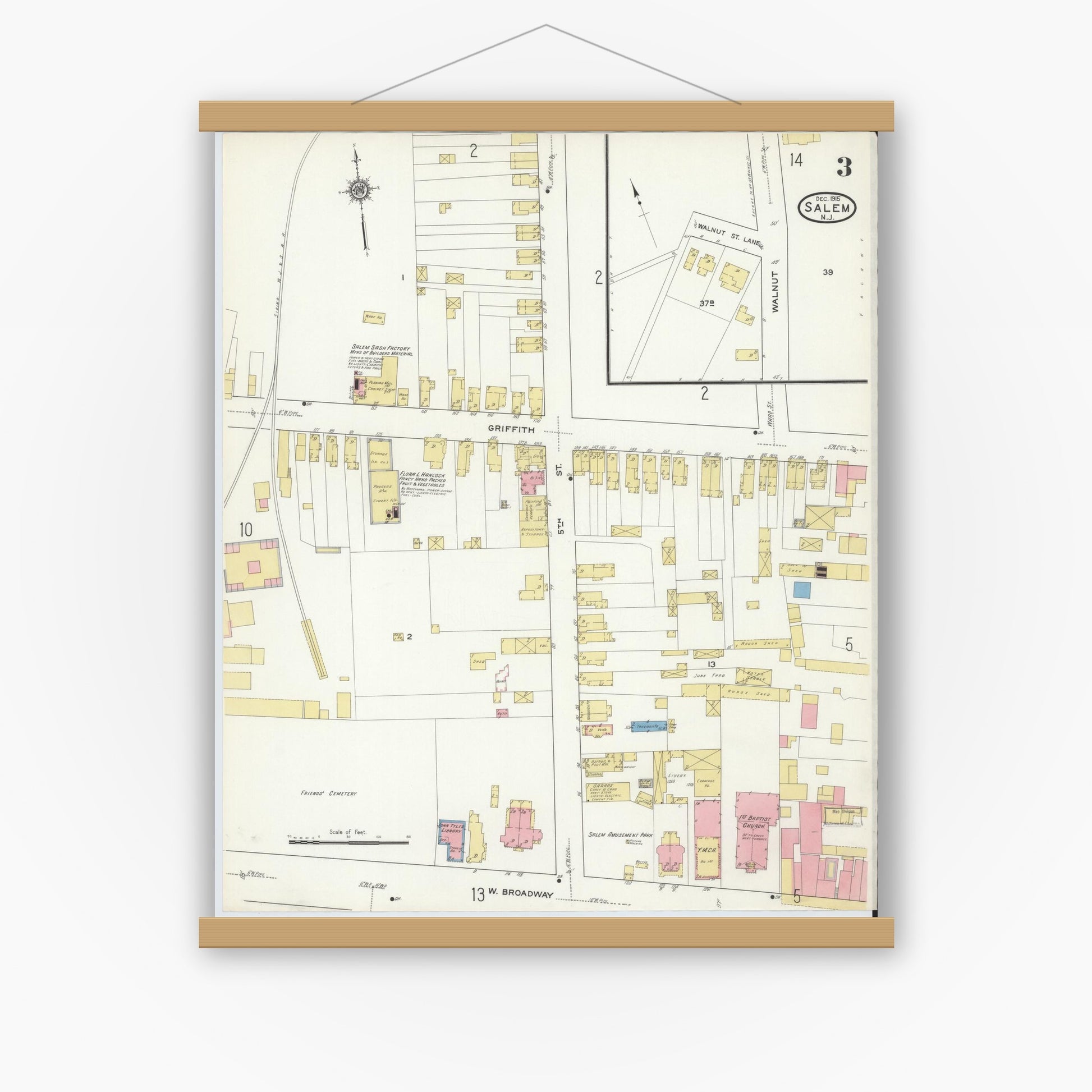 Old map wall art mockup — magnetic wood frame on white wall — Sanborn Fire Insurance Map from Salem, Salem County, New Jersey (1915), Sheet #0003