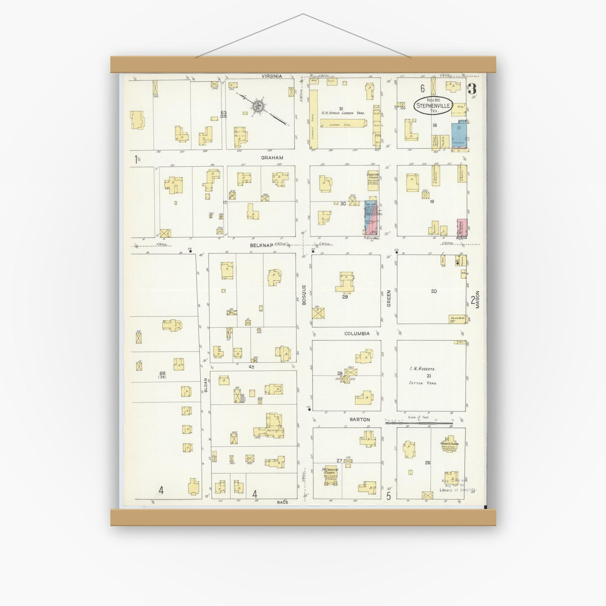 Old map wall art mockup — magnetic wood frame on white wall — Sanborn Fire Insurance Map from Stephenville, Erath County, Texas (1912), Sheet #0003