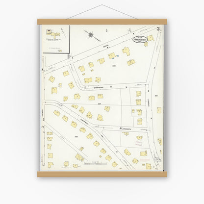 Old map wall art mockup — magnetic wood frame on white wall — Sanborn Fire Insurance Map from Winchester, Middlesex County, Massachusetts (1910), Sheet #0003