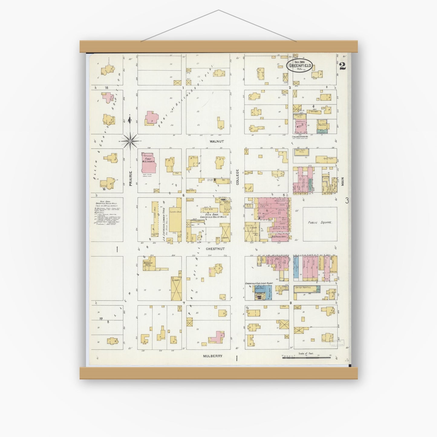 Old map wall art mockup — magnetic wood frame on white wall — Sanborn Fire Insurance Map from Greenfield, Greene County, Illinois (1906), Sheet #0002