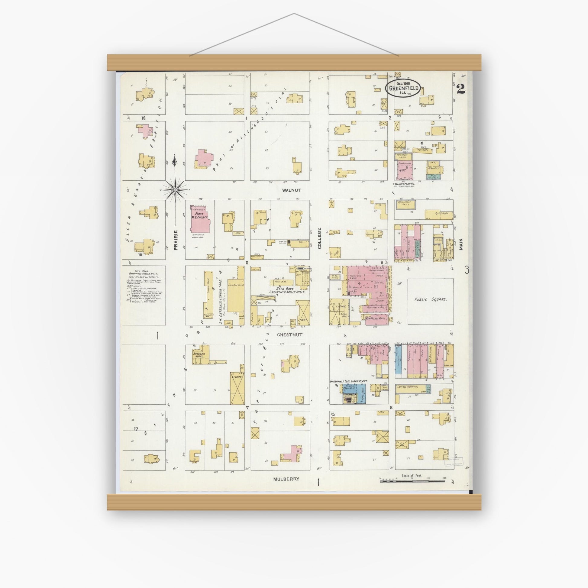 Old map wall art mockup — magnetic wood frame on white wall — Sanborn Fire Insurance Map from Greenfield, Greene County, Illinois (1906), Sheet #0002