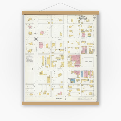 Old map wall art mockup — magnetic wood frame on white wall — Sanborn Fire Insurance Map from Greenfield, Greene County, Illinois (1906), Sheet #0002