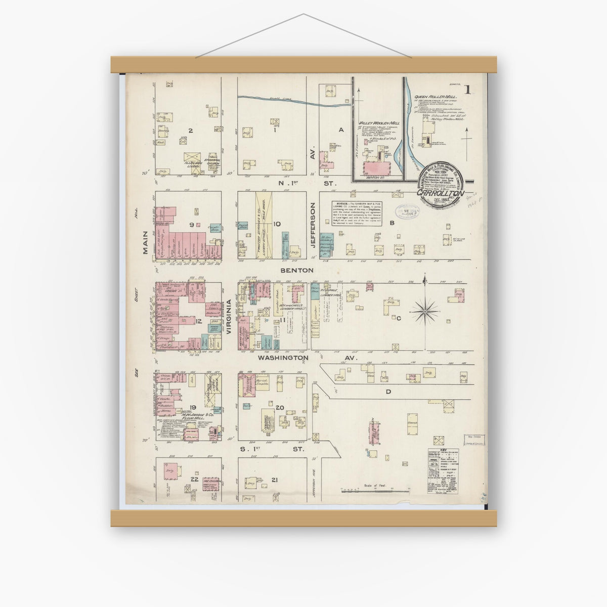 Old map wall art mockup — magnetic wood frame on white wall — Sanborn Fire Insurance Map from Carrollton, Carroll County, Missouri (1883) - Complete Map Set