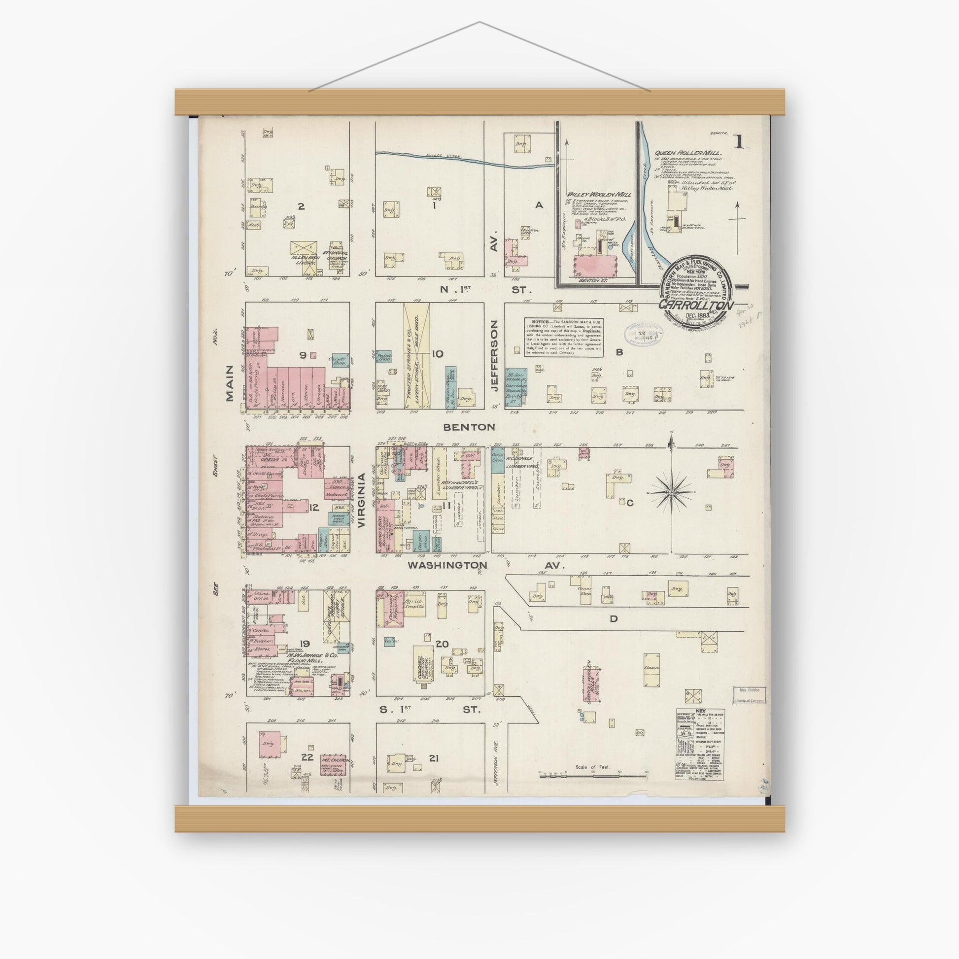 Old map wall art mockup — magnetic wood frame on white wall — Sanborn Fire Insurance Map from Carrollton, Carroll County, Missouri (1883) - Complete Map Set