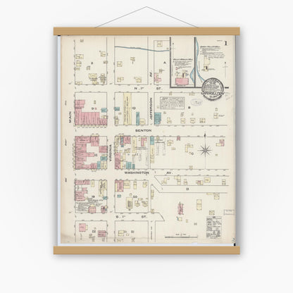 Old map wall art mockup — magnetic wood frame on white wall — Sanborn Fire Insurance Map from Carrollton, Carroll County, Missouri (1883) - Complete Map Set