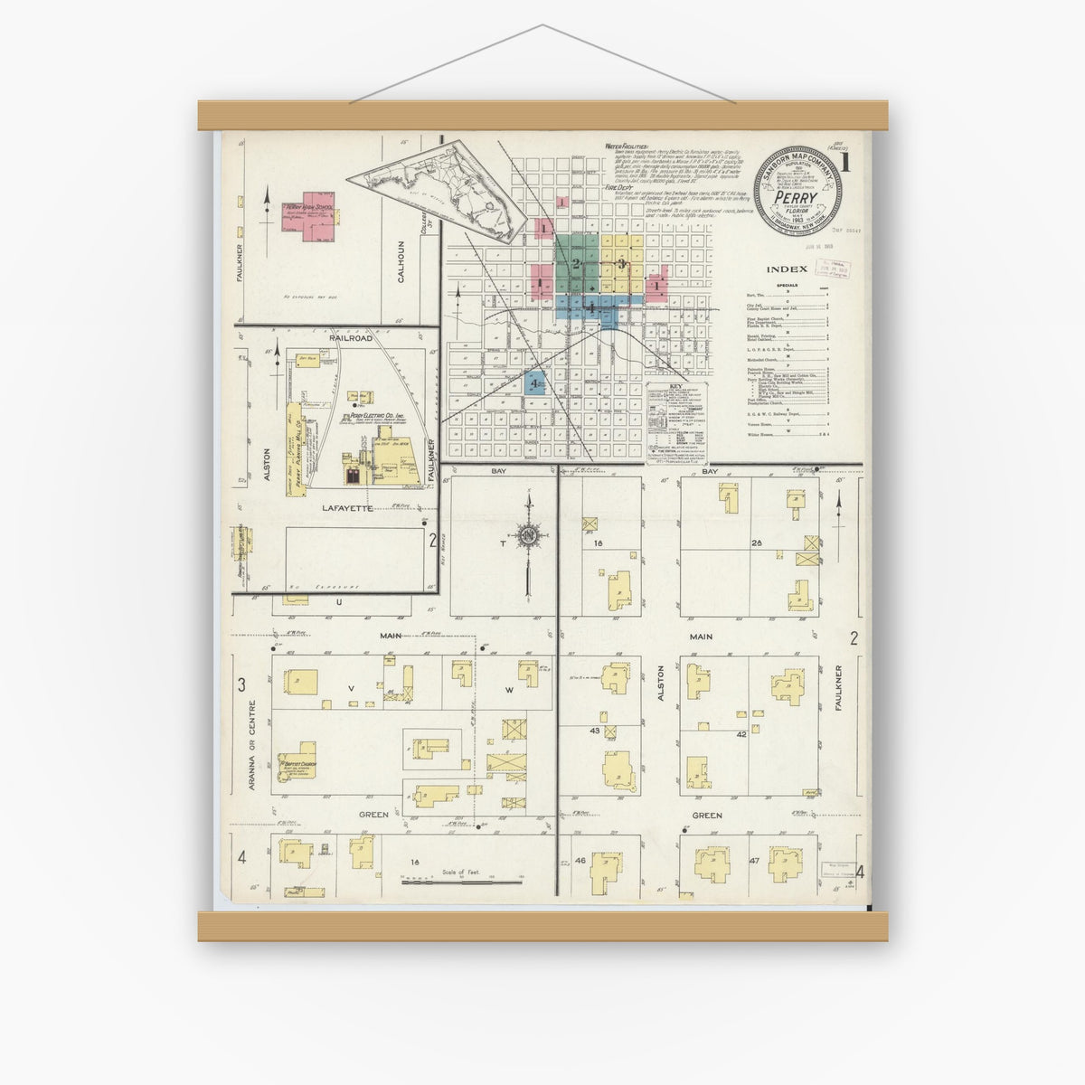 Old map wall art mockup — magnetic wood frame on white wall — Sanborn Fire Insurance Map from Perry, Taylor County, Florida (1913) - Complete Map Set