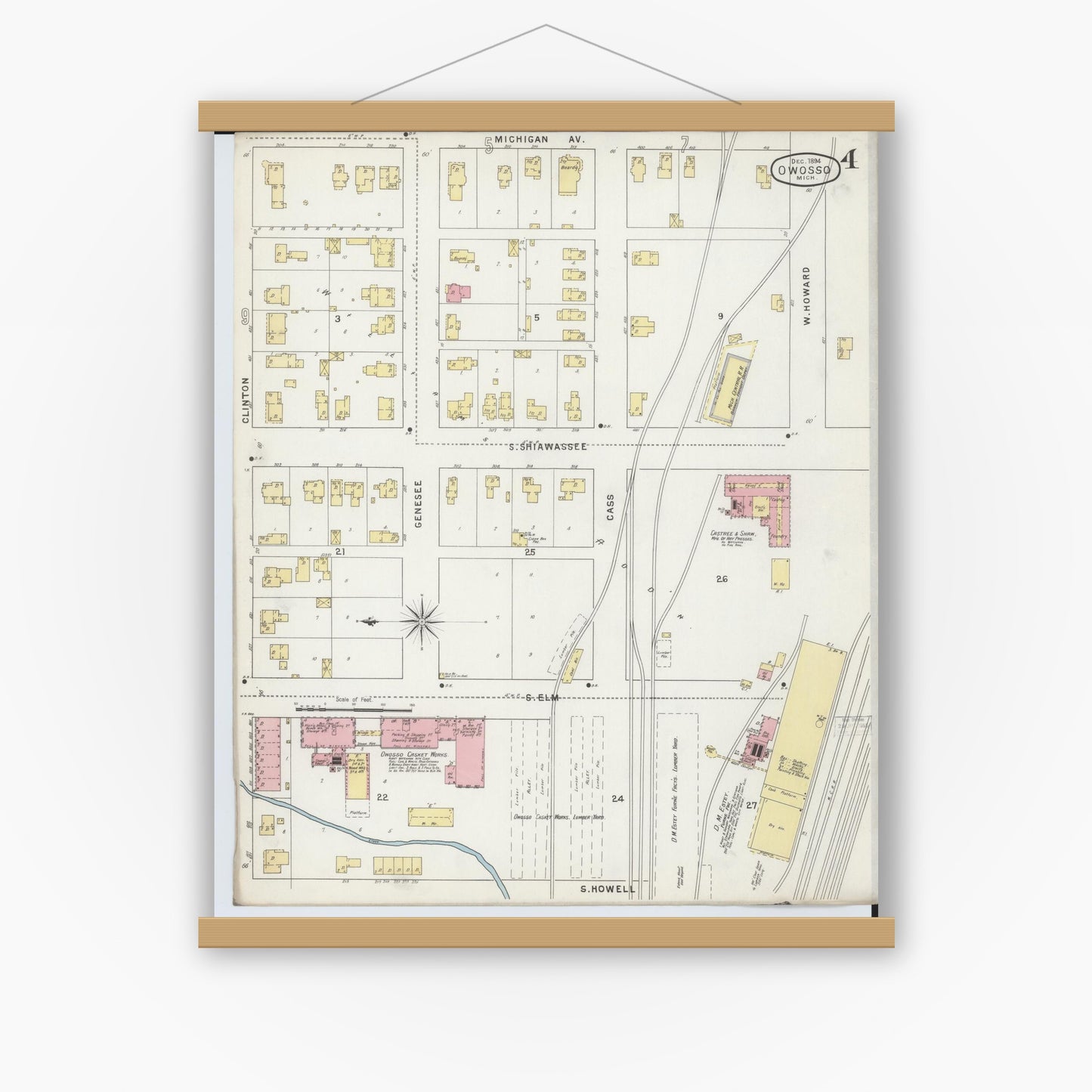 Old map wall art mockup — magnetic wood frame on white wall — Sanborn Fire Insurance Map from Owosso, Shiawassee County, Michigan (1894), Sheet #0004