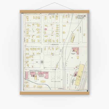 Old map wall art mockup — magnetic wood frame on white wall — Sanborn Fire Insurance Map from Owosso, Shiawassee County, Michigan (1894), Sheet #0004