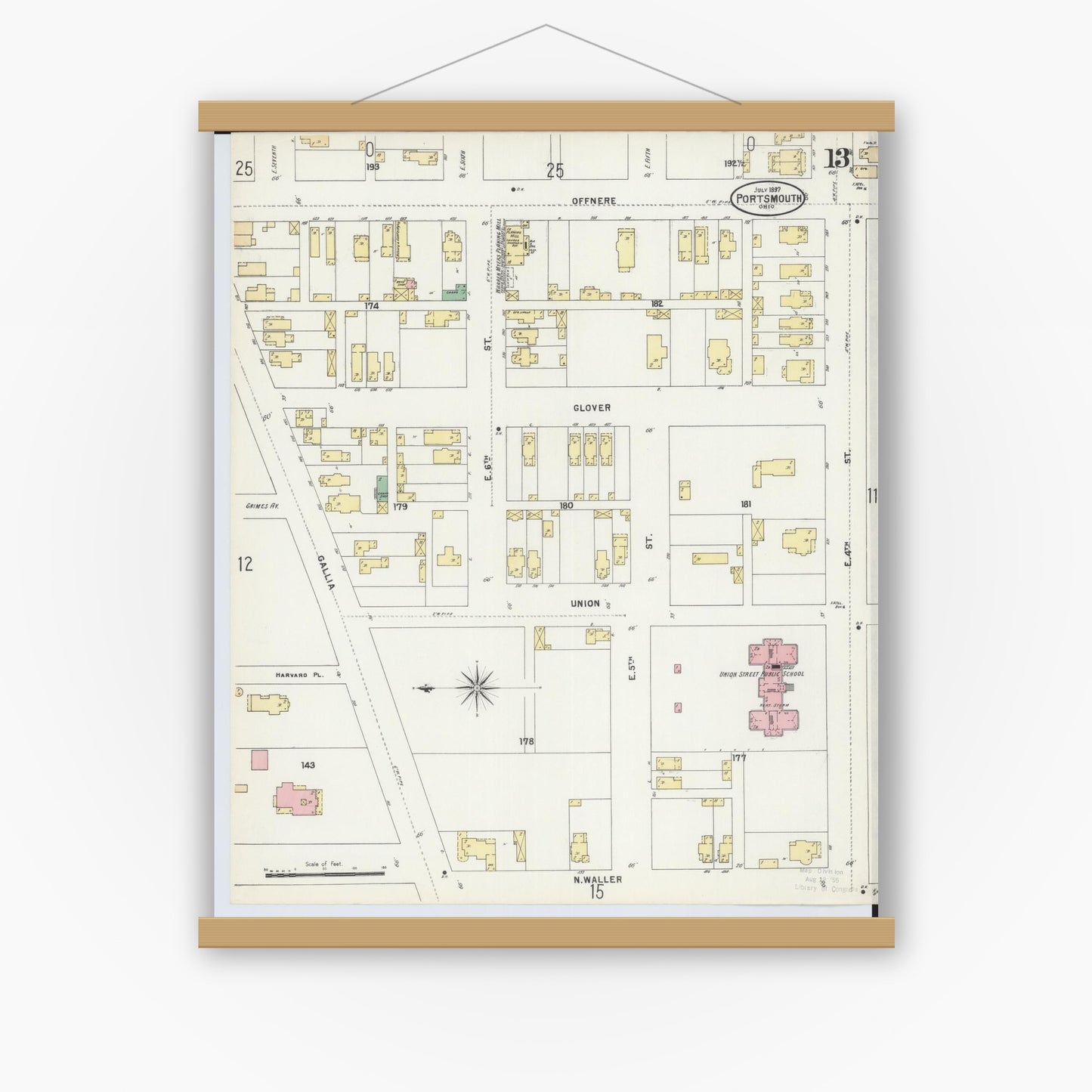 Old map wall art mockup — magnetic wood frame on white wall — Sanborn Fire Insurance Map from Portsmouth, Scioto County, Ohio (1897), Sheet #0013