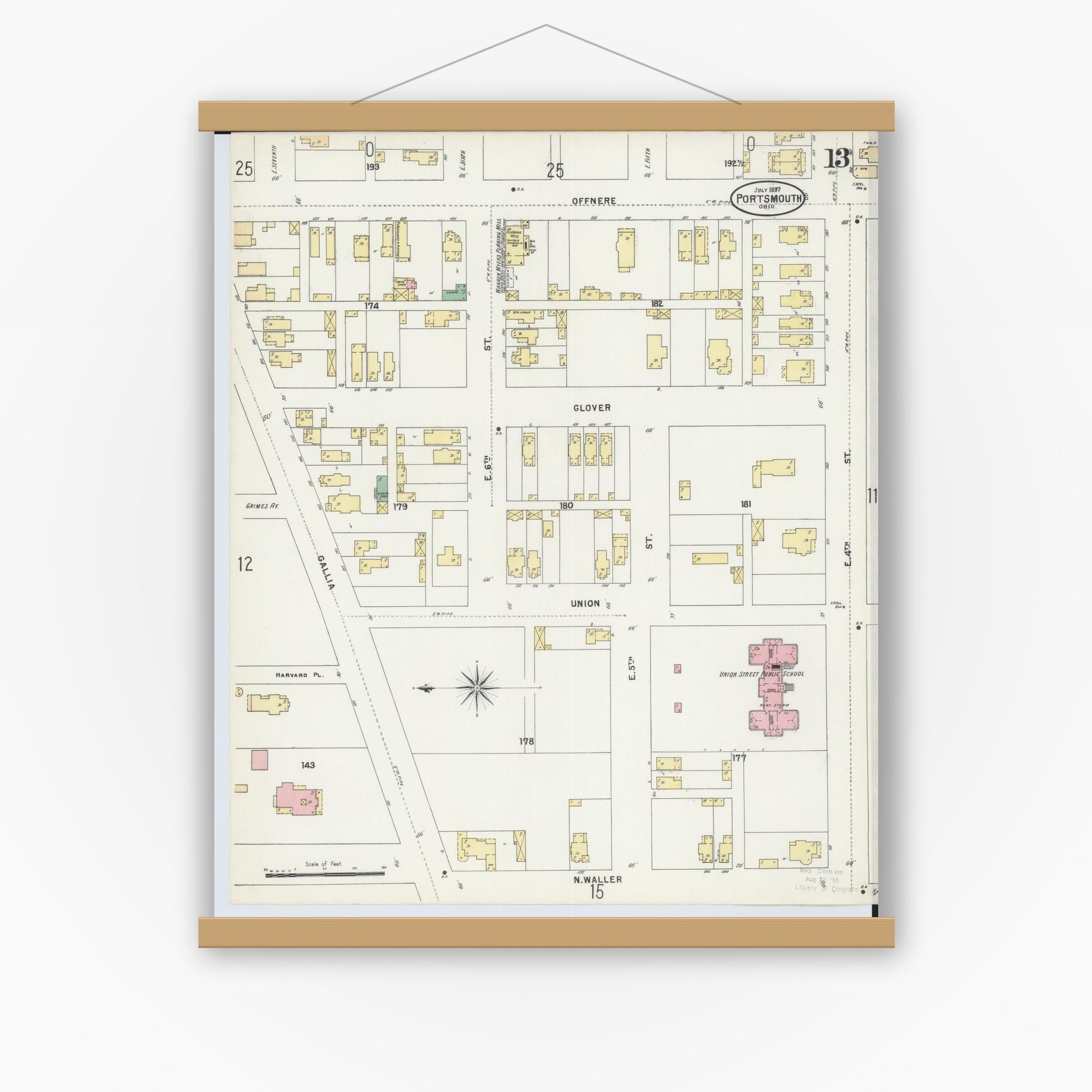 Old map wall art mockup — magnetic wood frame on white wall — Sanborn Fire Insurance Map from Portsmouth, Scioto County, Ohio (1897), Sheet #0013