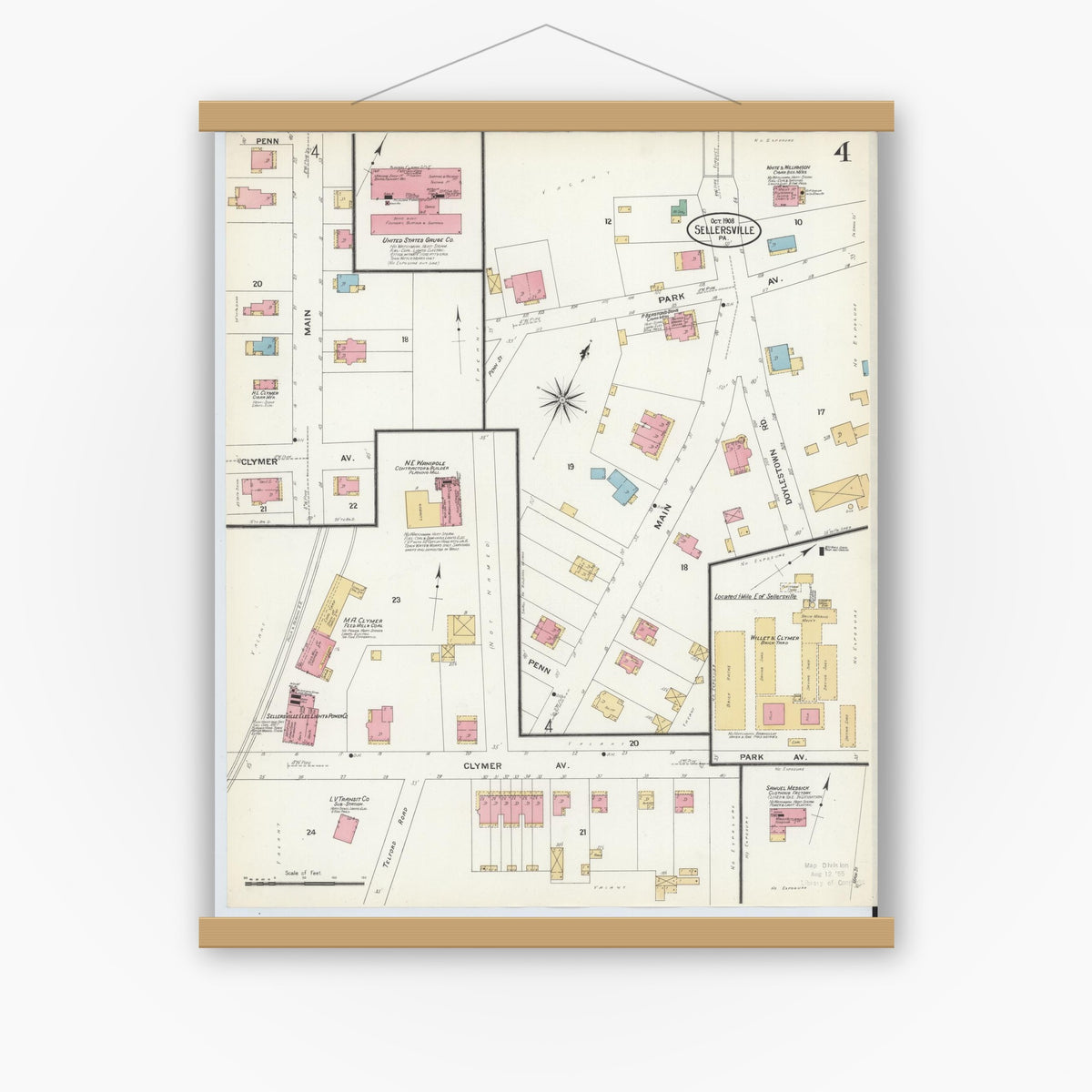 Old map wall art mockup — magnetic wood frame on white wall — Sanborn Fire Insurance Map from Sellersville, Bucks County, Pennsylvania (1908), Sheet #0004