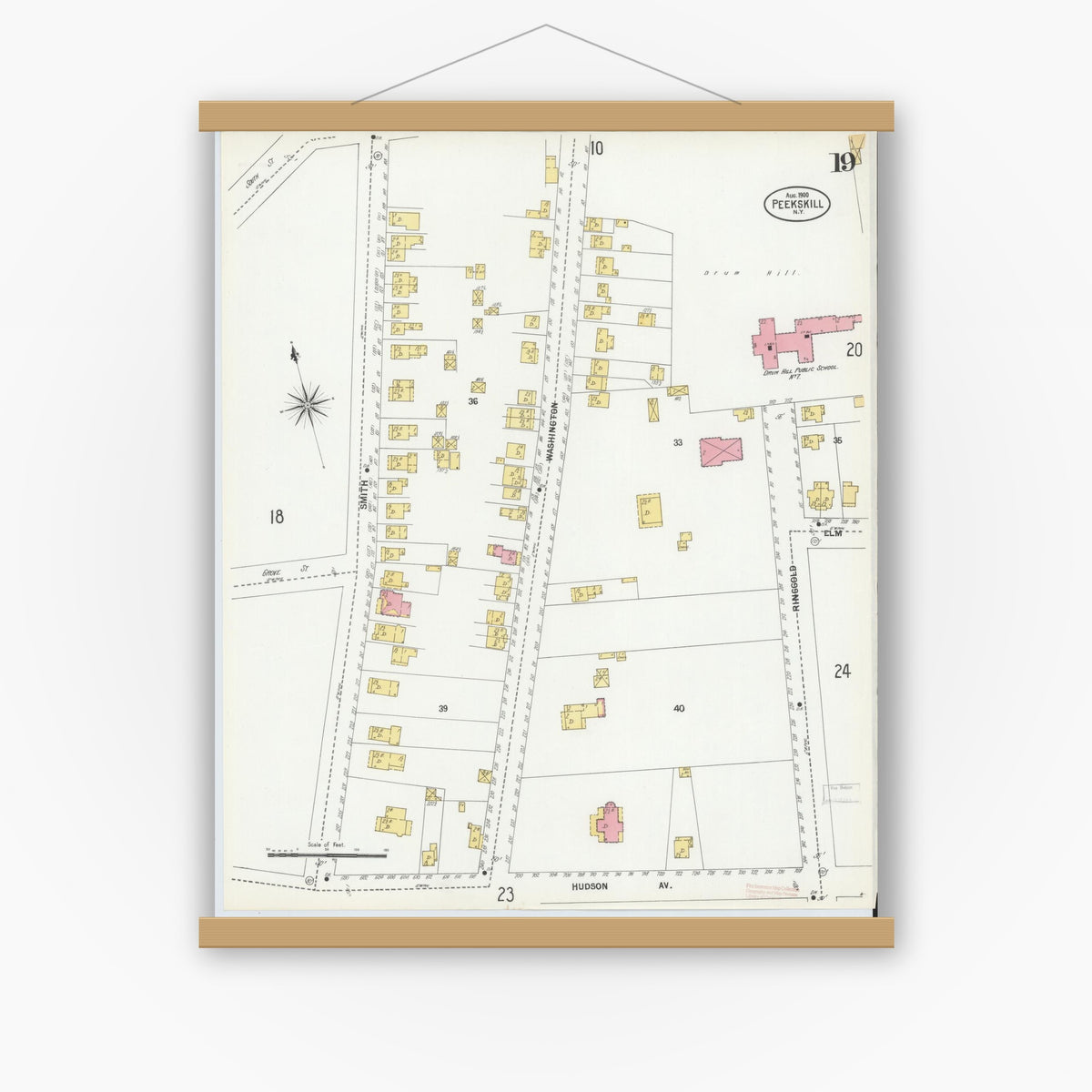 Old map wall art mockup — magnetic wood frame on white wall — Sanborn Fire Insurance Map from Peekskill, Westchester County, New York (1900), Sheet #0019