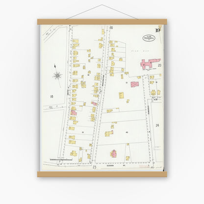 Old map wall art mockup — magnetic wood frame on white wall — Sanborn Fire Insurance Map from Peekskill, Westchester County, New York (1900), Sheet #0019