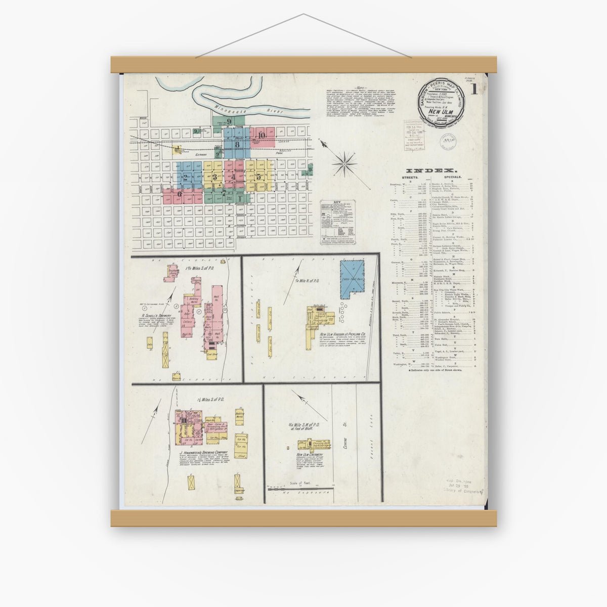 Old map wall art mockup — magnetic wood frame on white wall — Sanborn Fire Insurance Map from New Ulm, Brown County, Minnesota (1899) - Complete Map Set