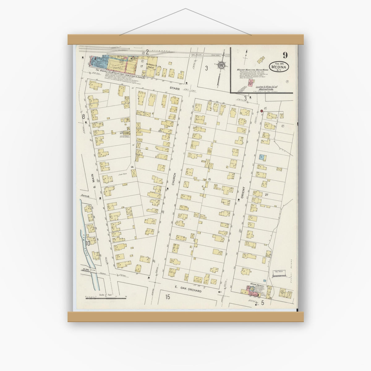 Old map wall art mockup — magnetic wood frame on white wall — Sanborn Fire Insurance Map from Medina, Orleans County, New York (1915), Sheet #0009