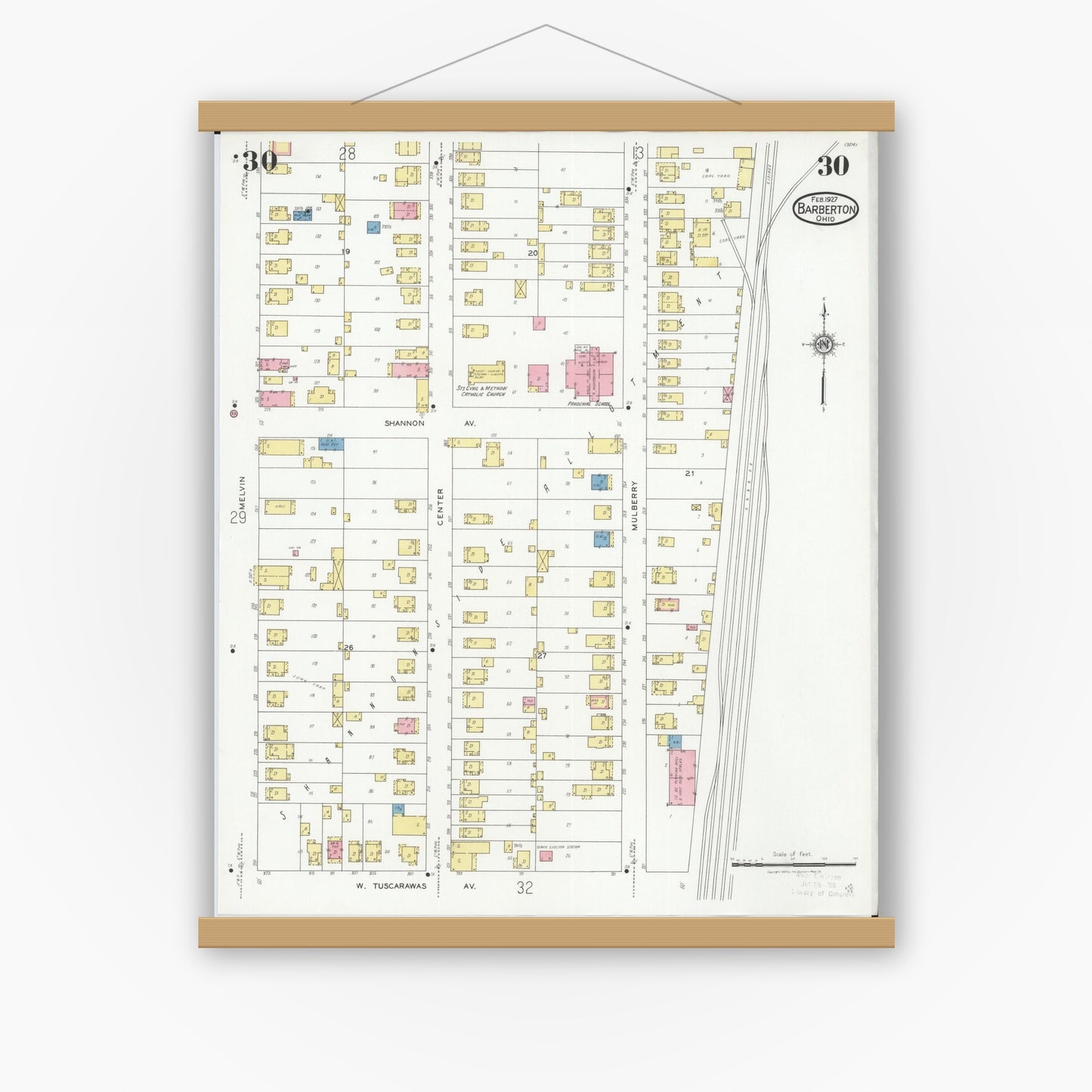 Old map wall art mockup — magnetic wood frame on white wall — Sanborn Fire Insurance Map from Barberton, Summit County, Ohio (1927), Sheet #0030