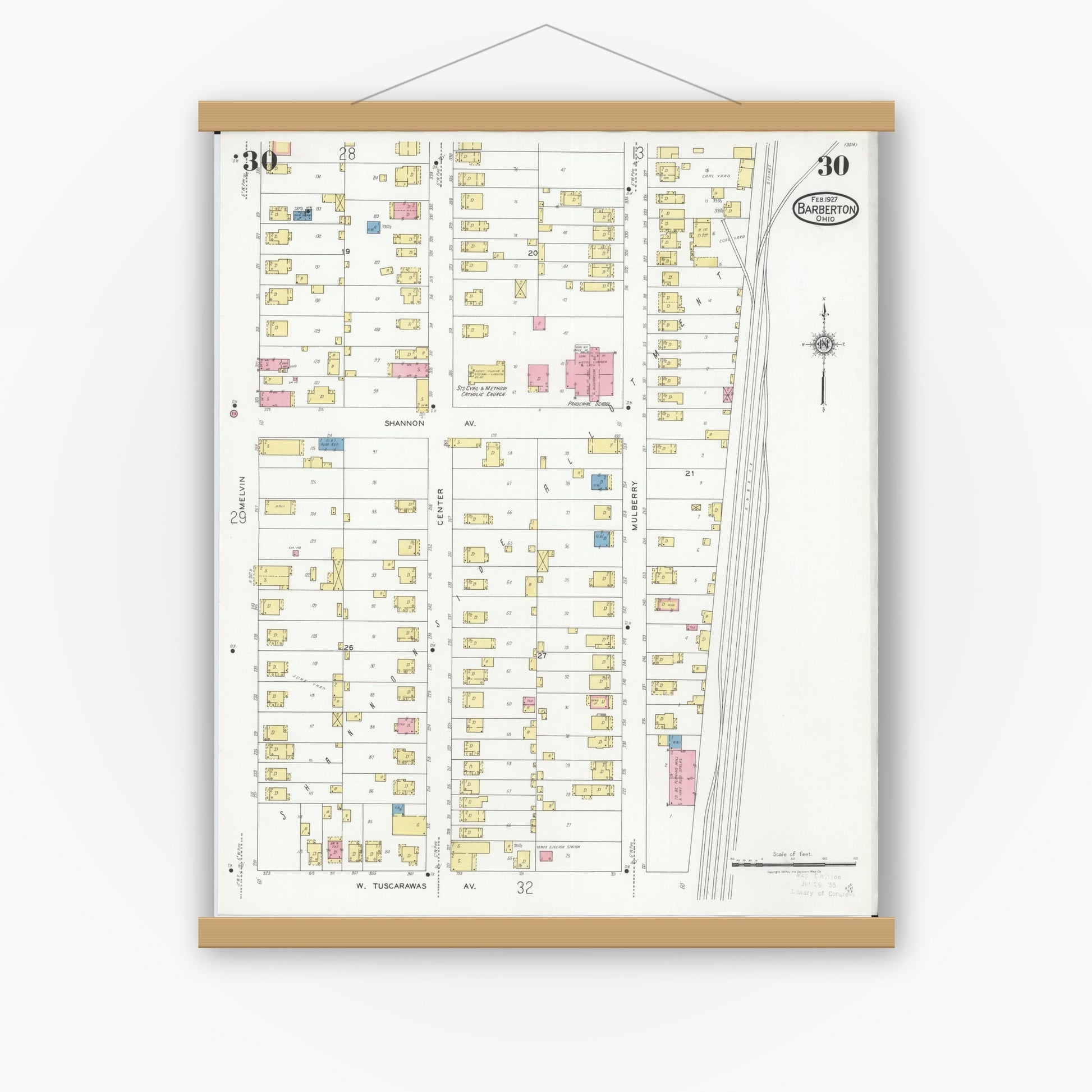 Old map wall art mockup — magnetic wood frame on white wall — Sanborn Fire Insurance Map from Barberton, Summit County, Ohio (1927), Sheet #0030