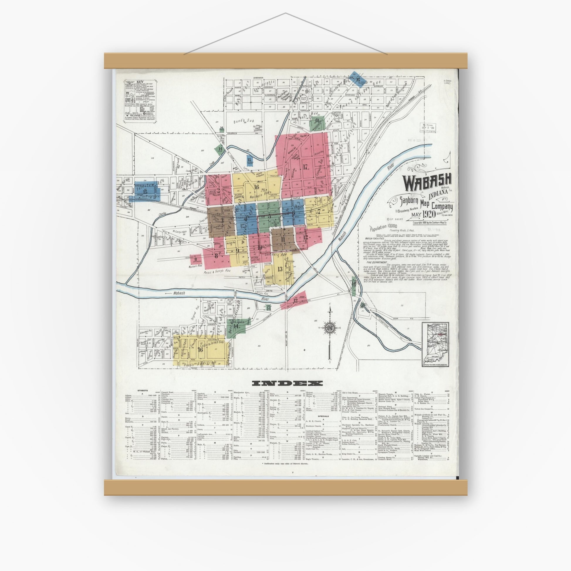 Old map wall art mockup — magnetic wood frame on white wall — Sanborn Fire Insurance Map from Wabash, Wabash County, Indiana (1920) - Complete Map Set