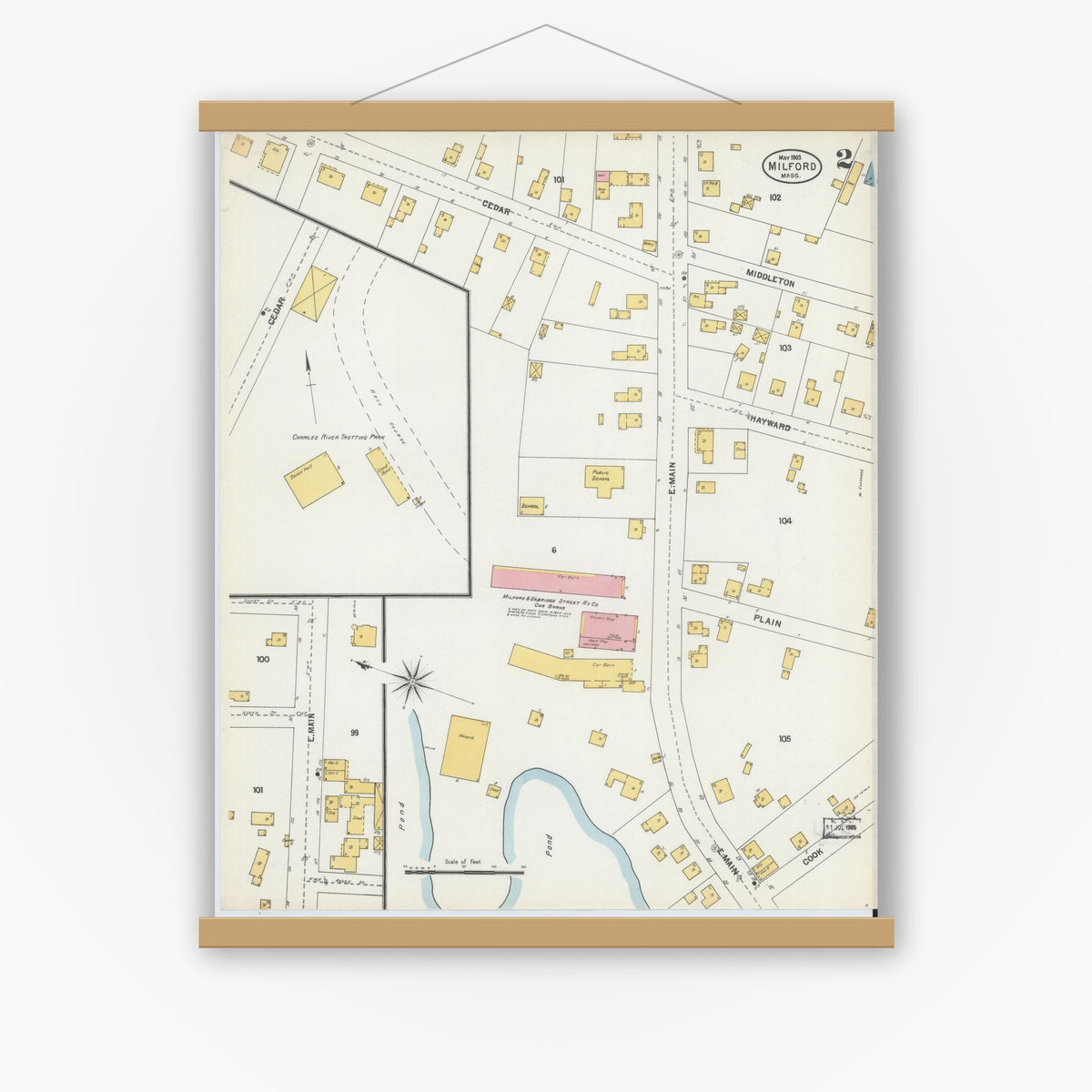 Old map wall art mockup — magnetic wood frame on white wall — Sanborn Fire Insurance Map from Milford, Worcester County, Massachusetts (1903), Sheet #0002