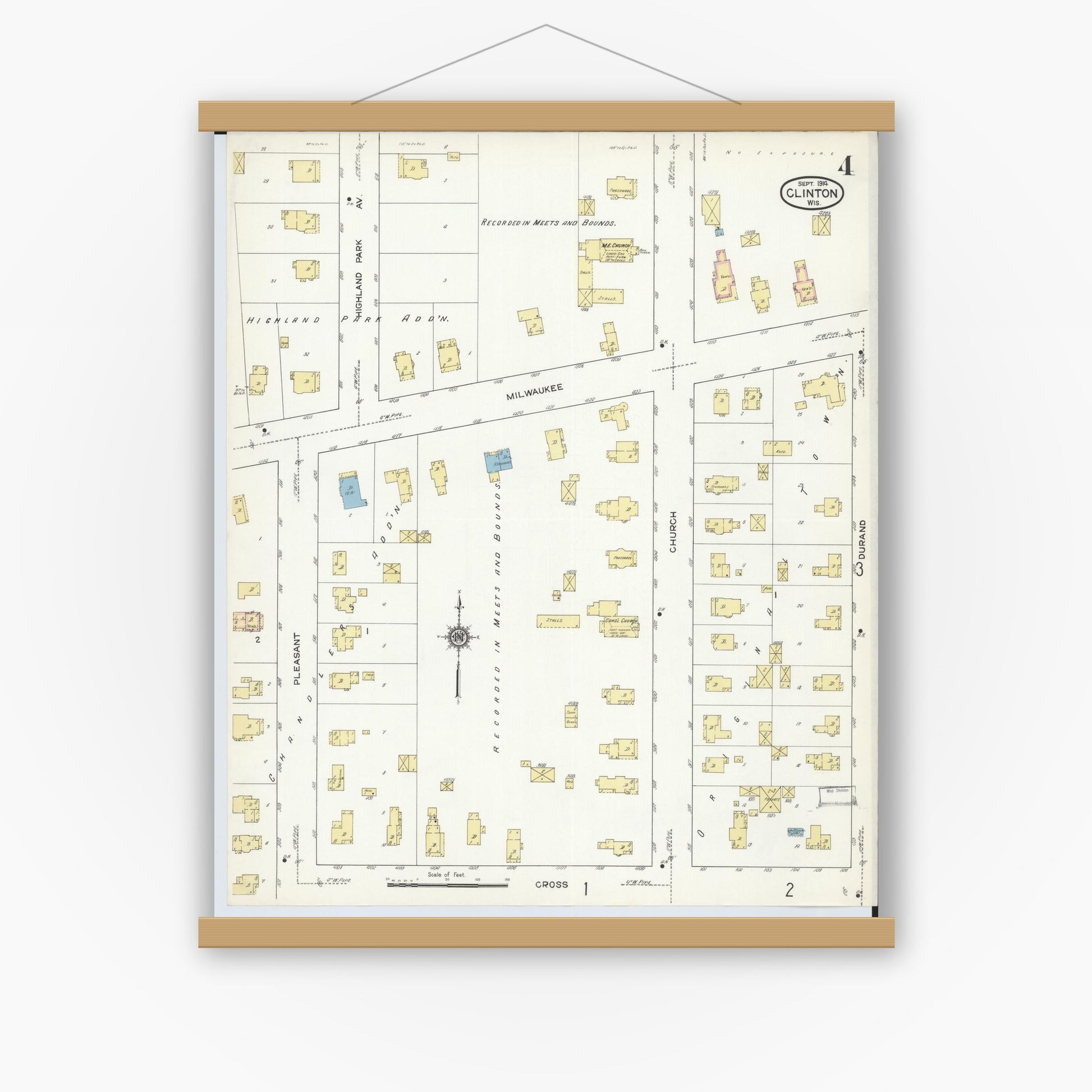 Old map wall art mockup — magnetic wood frame on white wall — Sanborn Fire Insurance Map from Clinton, Rock County, Wisconsin (1914), Sheet #0004