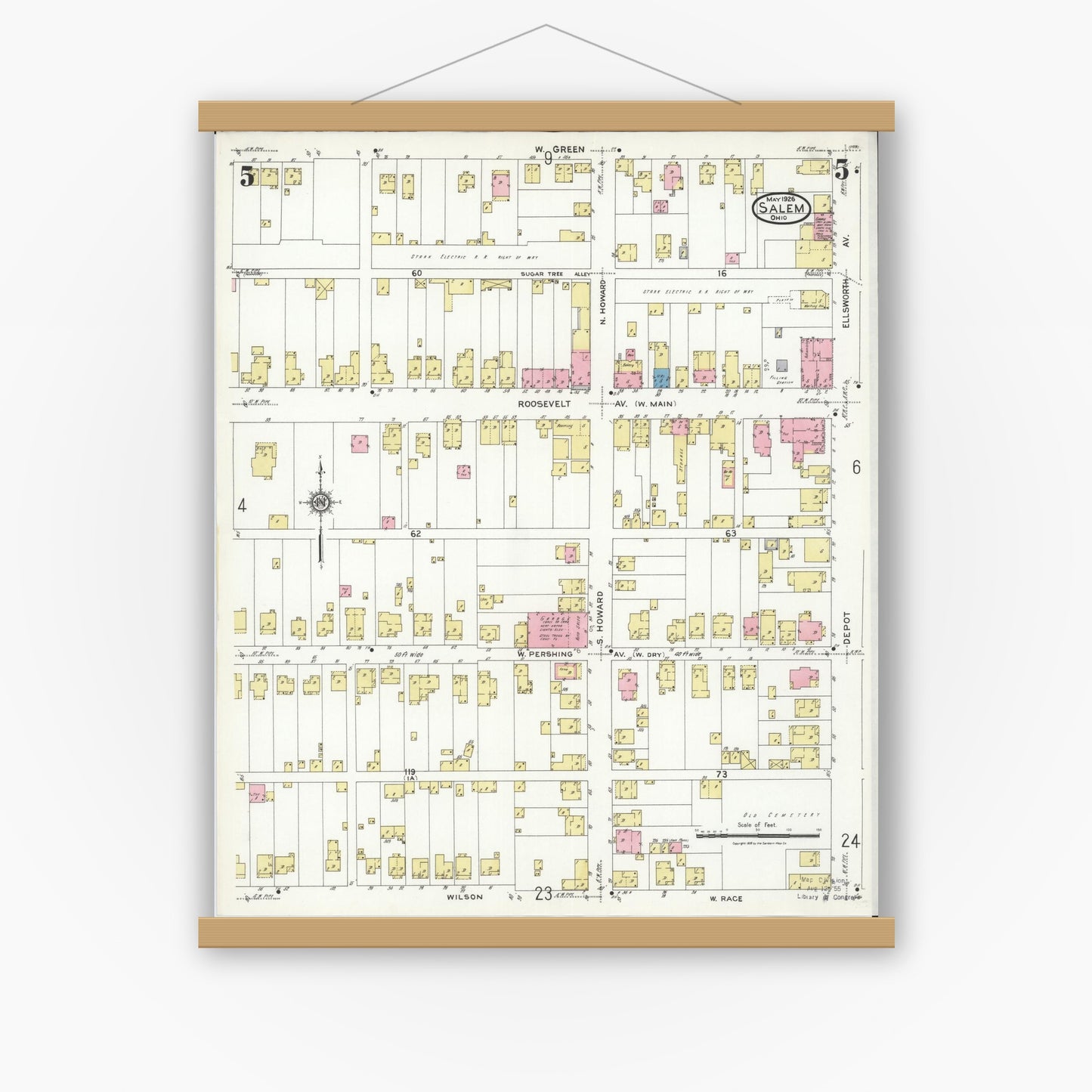 Old map wall art mockup — magnetic wood frame on white wall — Sanborn Fire Insurance Map from Salem, Columbiana County, Ohio (1926), Sheet #0005