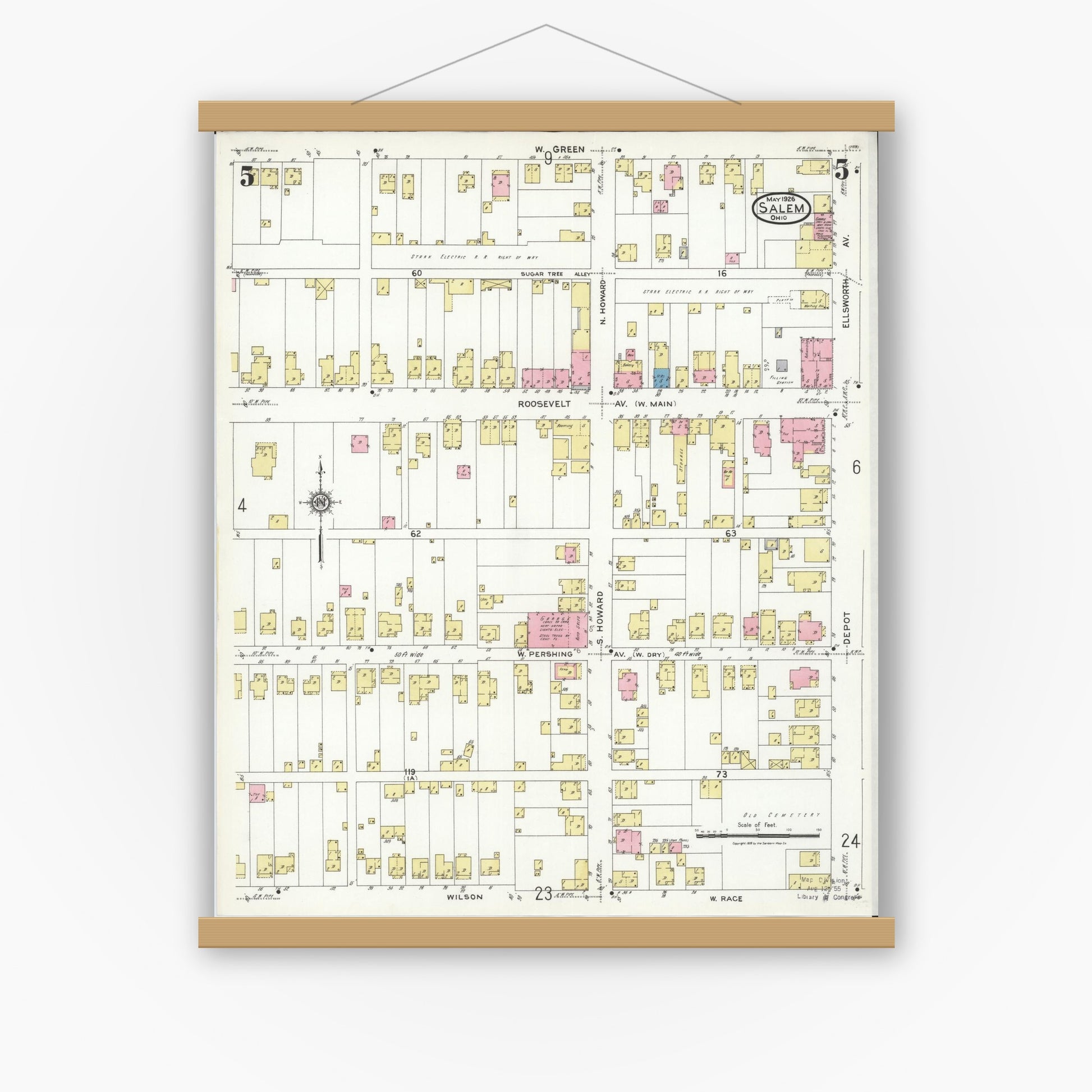 Old map wall art mockup — magnetic wood frame on white wall — Sanborn Fire Insurance Map from Salem, Columbiana County, Ohio (1926), Sheet #0005