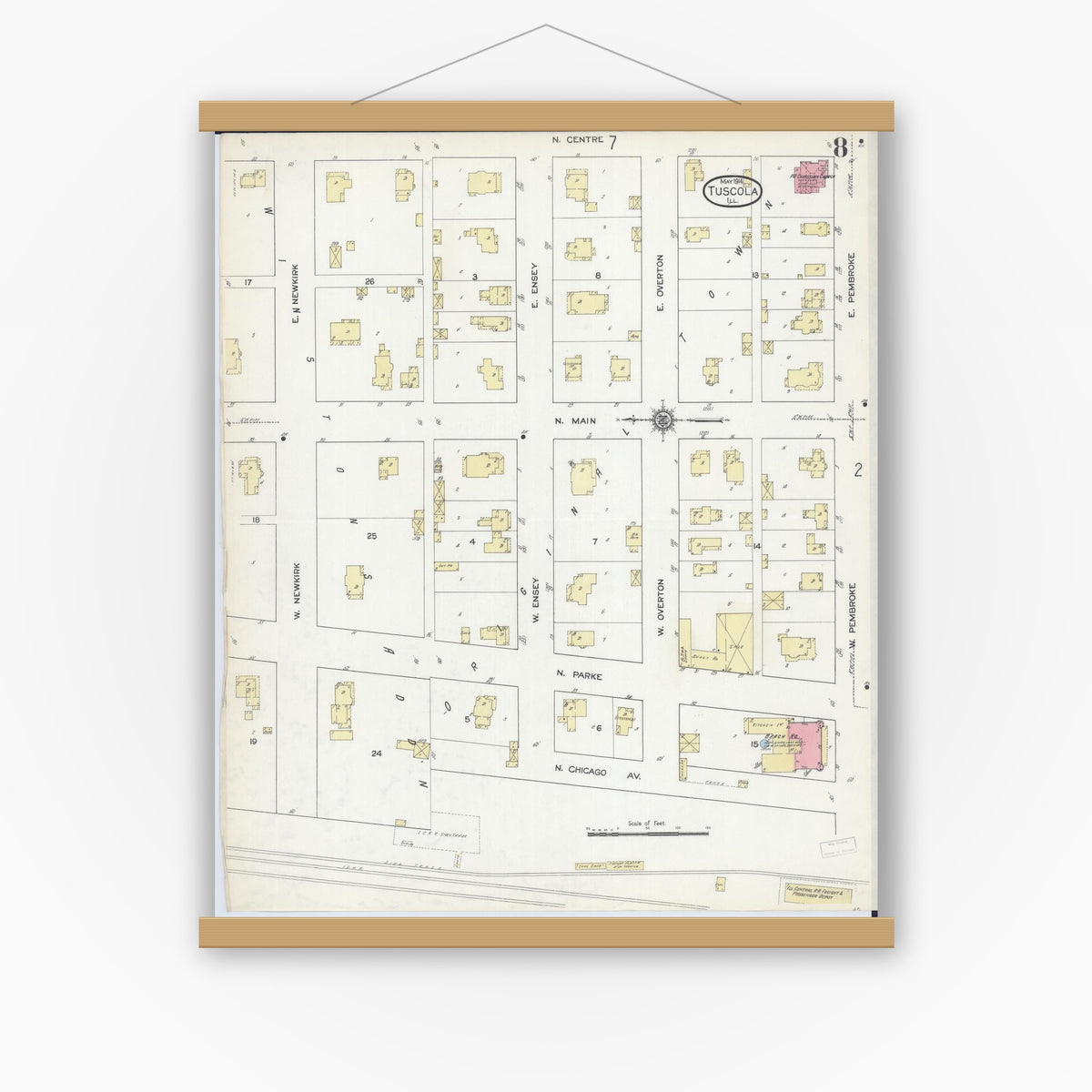 Old map wall art mockup — magnetic wood frame on white wall — Sanborn Fire Insurance Map from Tuscola, Douglas County, Illinois (1914), Sheet #0008