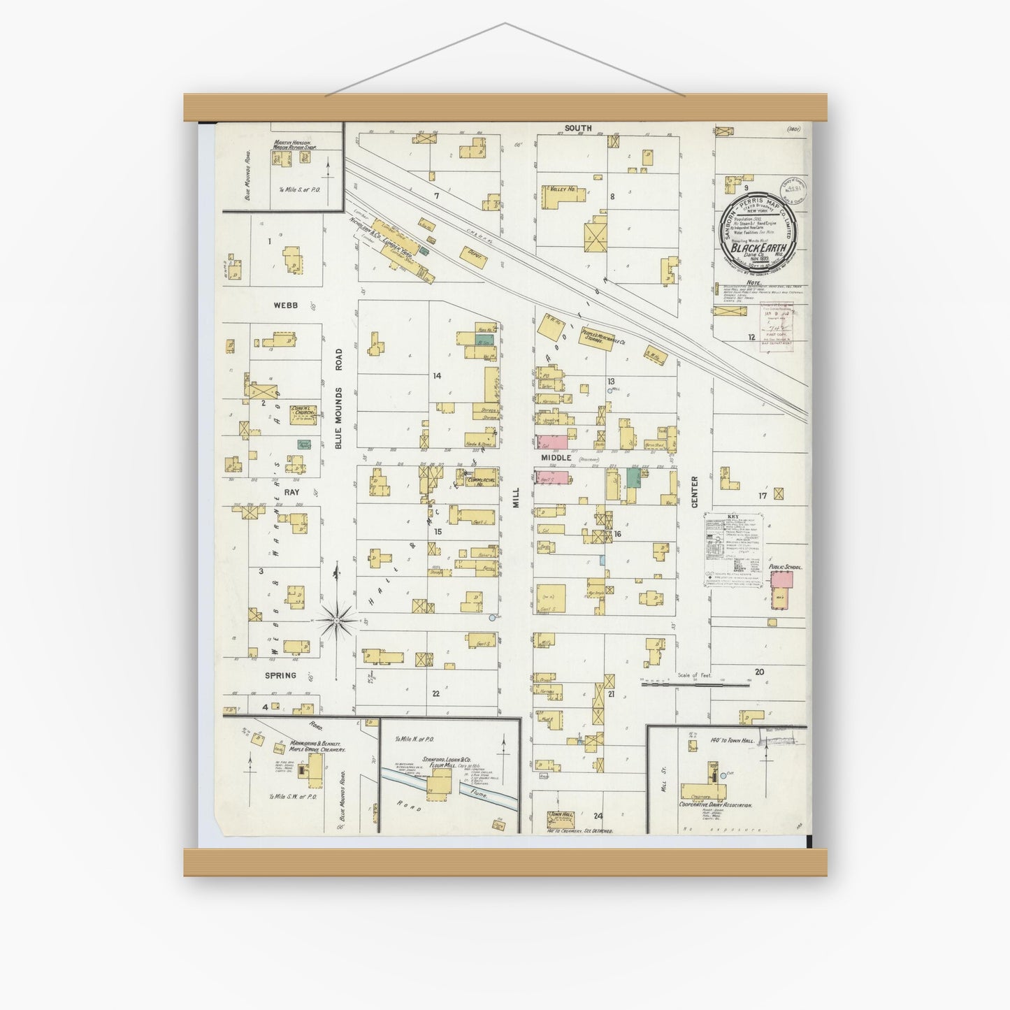 Old map wall art mockup — magnetic wood frame on white wall — Sanborn Fire Insurance Map from Black Earth, Dane County, Wisconsin (1899), Sheet #0001