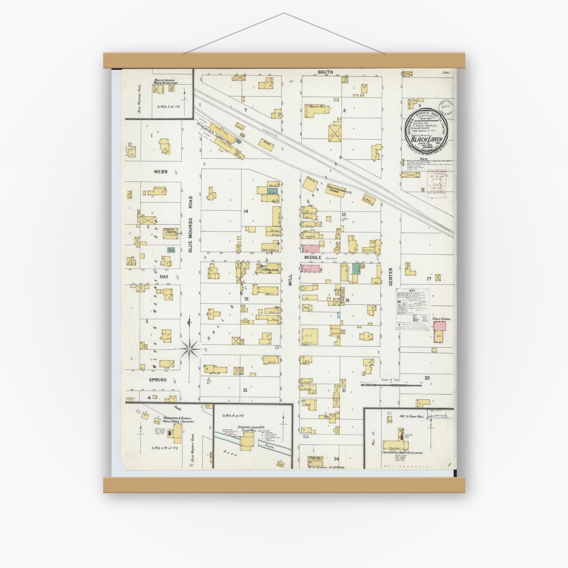 Old map wall art mockup — magnetic wood frame on white wall — Sanborn Fire Insurance Map from Black Earth, Dane County, Wisconsin (1899), Sheet #0001