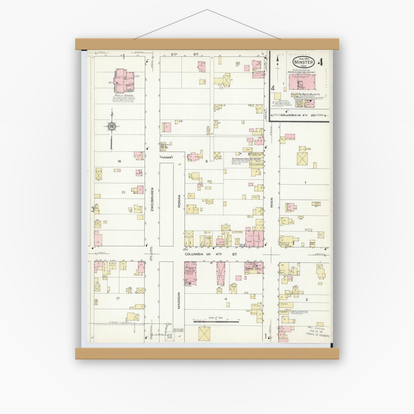 Old map wall art mockup — magnetic wood frame on white wall — Sanborn Fire Insurance Map from Minster, Auglaize County, Ohio (1914), Sheet #0004