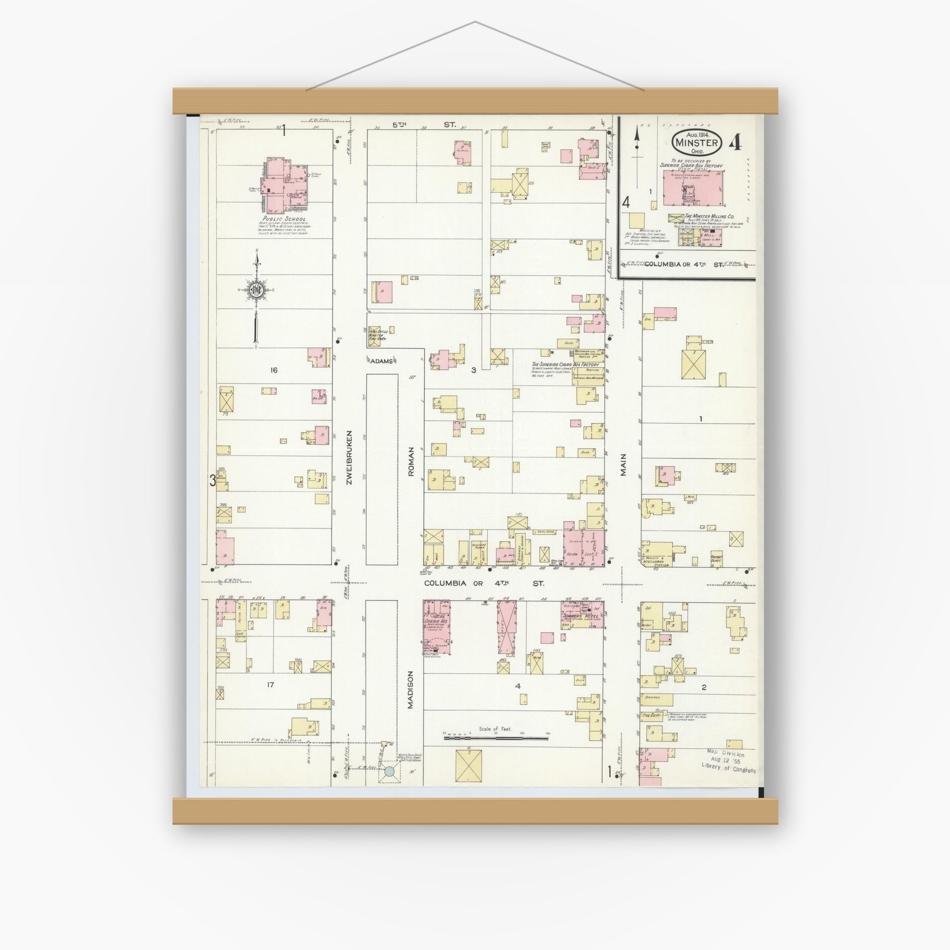 Old map wall art mockup — magnetic wood frame on white wall — Sanborn Fire Insurance Map from Minster, Auglaize County, Ohio (1914), Sheet #0004