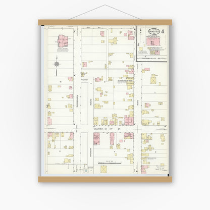 Old map wall art mockup — magnetic wood frame on white wall — Sanborn Fire Insurance Map from Minster, Auglaize County, Ohio (1914), Sheet #0004