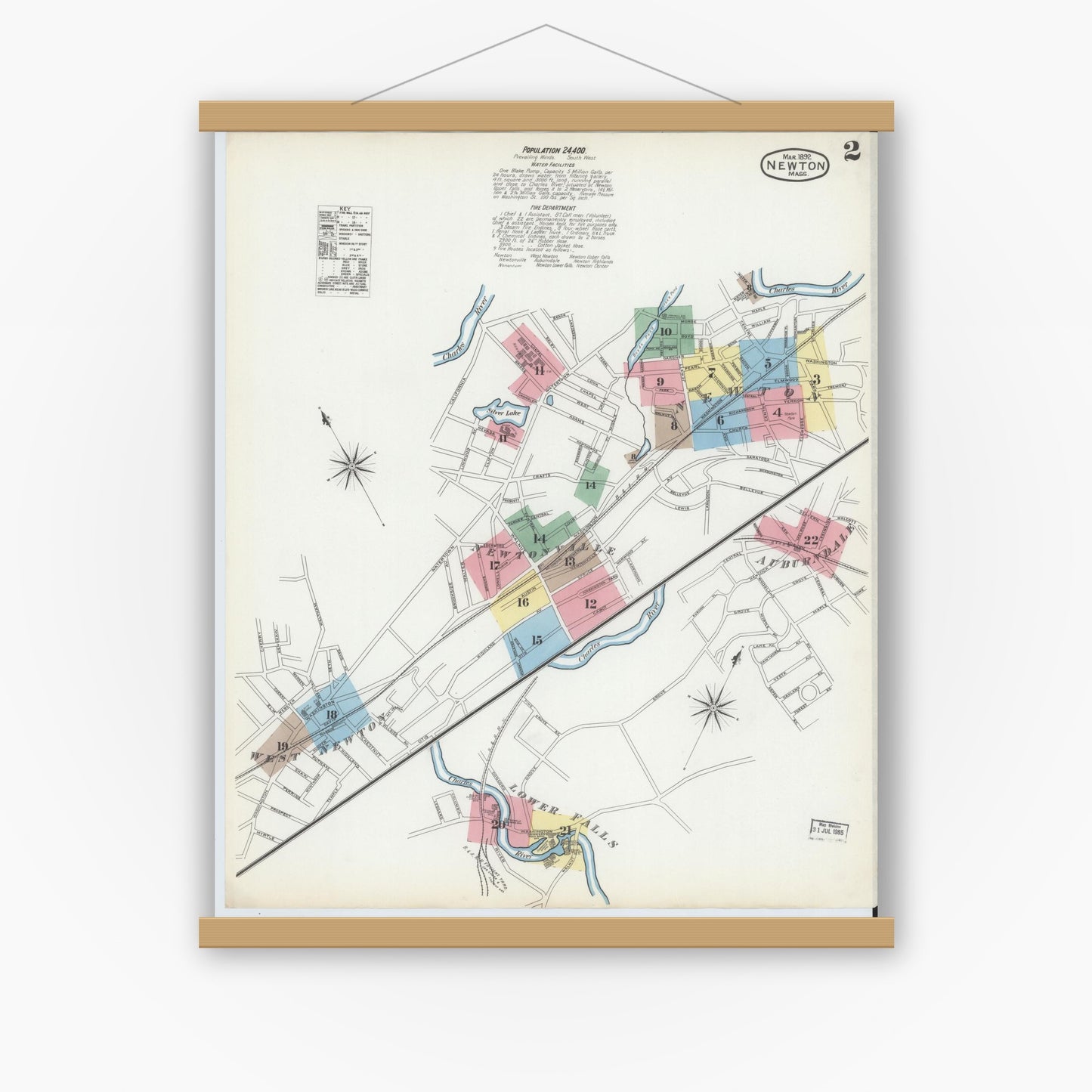 Old map wall art mockup — magnetic wood frame on white wall — Sanborn Fire Insurance Map from Newton, Middlesex County, Massachusetts (1892), Sheet #0002