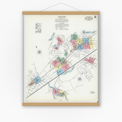 Old map wall art mockup — magnetic wood frame on white wall — Sanborn Fire Insurance Map from Newton, Middlesex County, Massachusetts (1892), Sheet #0002