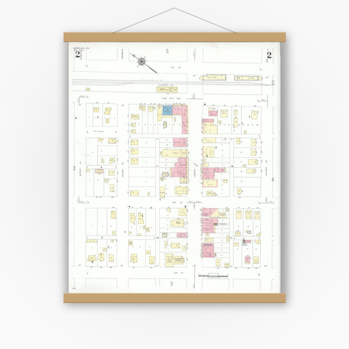 Old map wall art mockup — magnetic wood frame on white wall — Sanborn Fire Insurance Map from Nederland, Jefferson County, Texas (1949), Sheet #0002