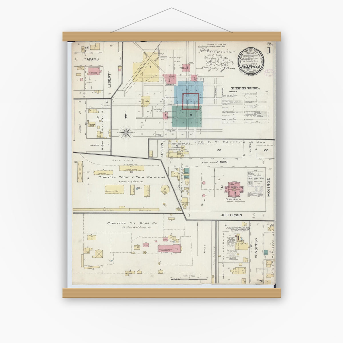 Old map wall art mockup — magnetic wood frame on white wall — Sanborn Fire Insurance Map from Rushville, Schuyler County, Illinois (1893) - Complete Map Set