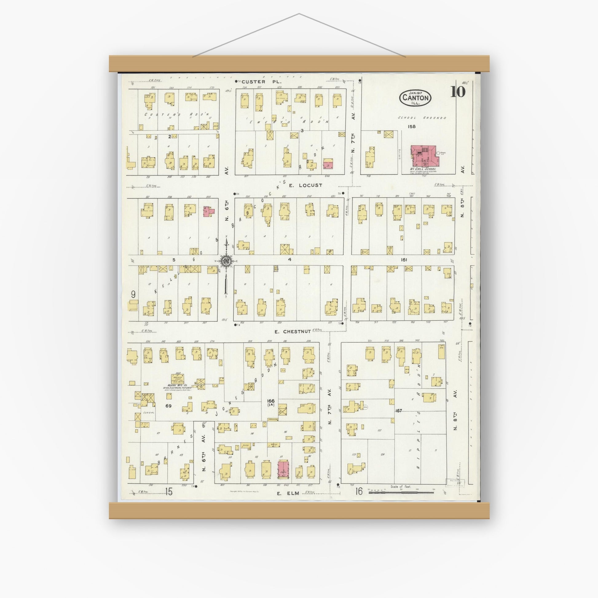 Old map wall art mockup — magnetic wood frame on white wall — Sanborn Fire Insurance Map from Canton, Fulton County, Illinois (1917), Sheet #0010