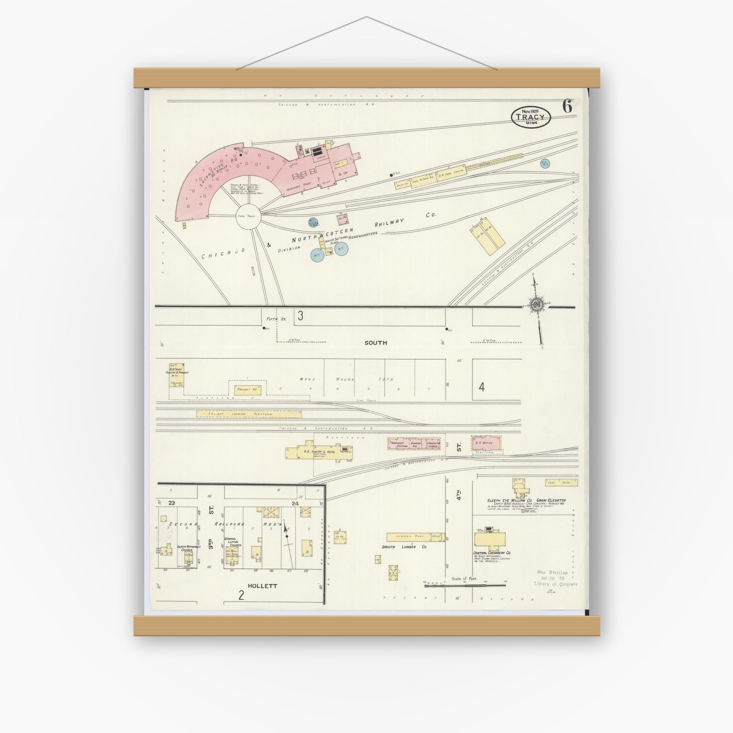 Old map wall art mockup — magnetic wood frame on white wall — Sanborn Fire Insurance Map from Tracy, Lyon County, Minnesota (1909), Sheet #0006