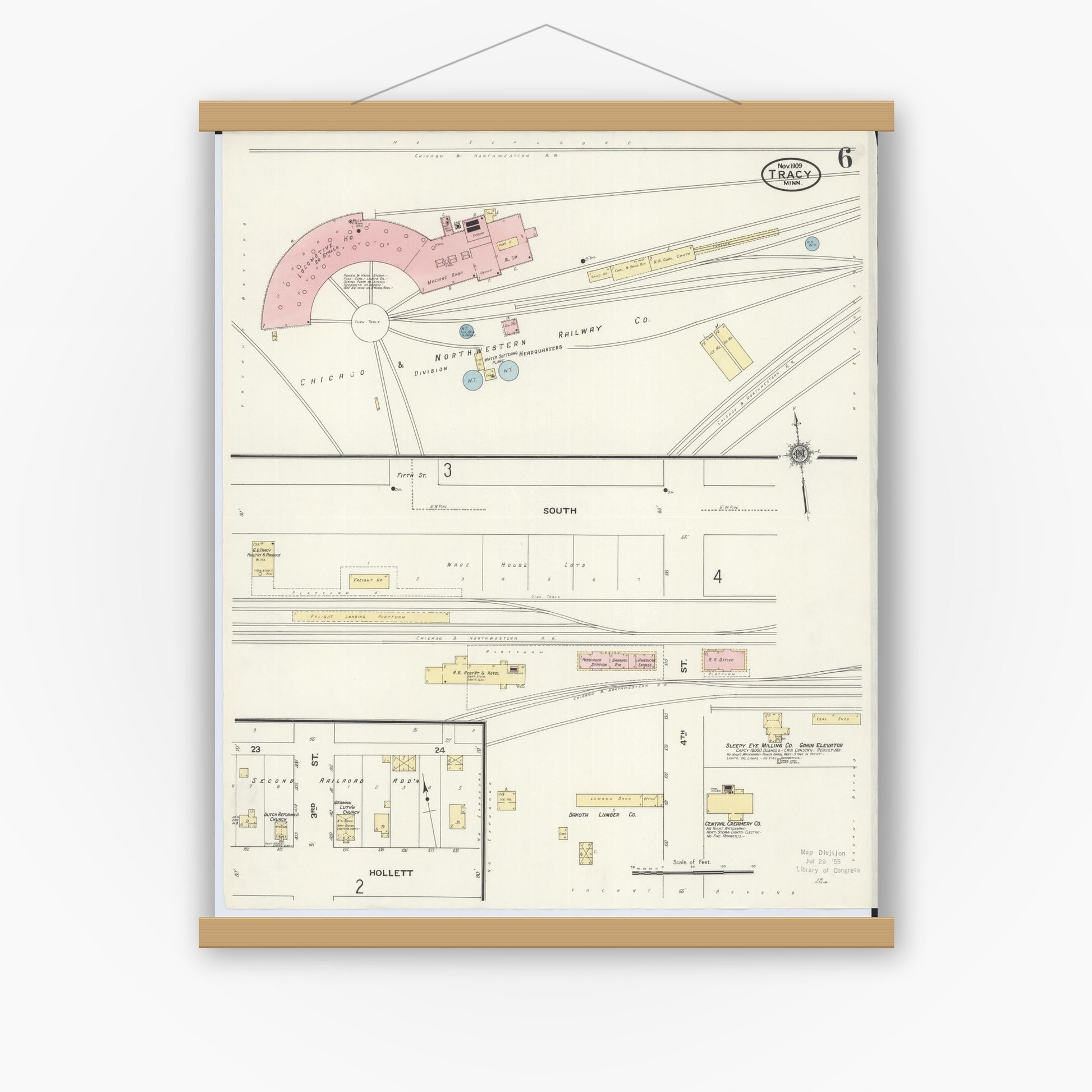 Old map wall art mockup — magnetic wood frame on white wall — Sanborn Fire Insurance Map from Tracy, Lyon County, Minnesota (1909), Sheet #0006
