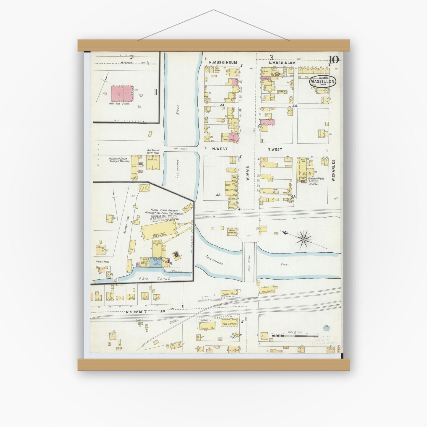 Old map wall art mockup — magnetic wood frame on white wall — Sanborn Fire Insurance Map from Massillon, Stark County, Ohio (1896), Sheet #0010