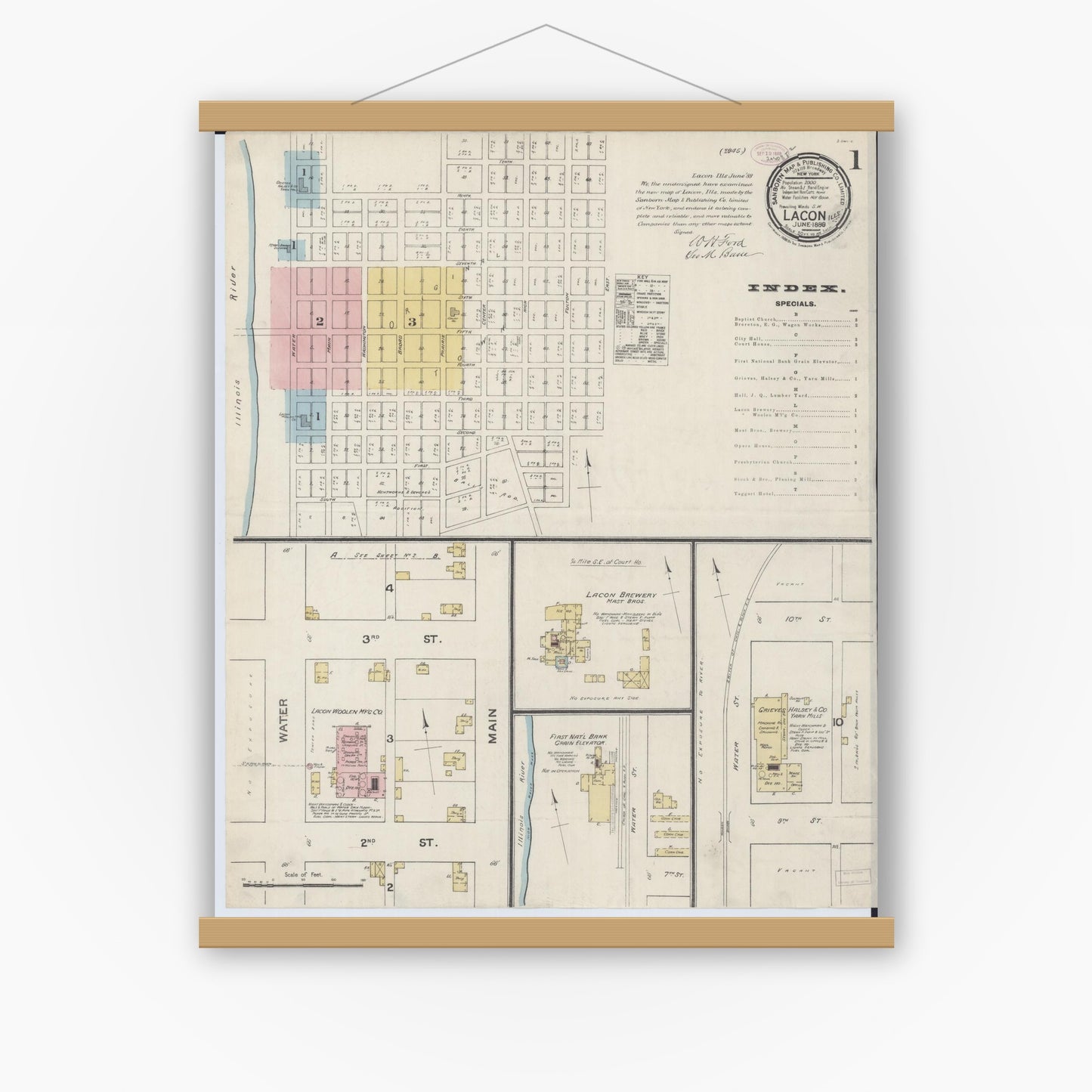 Old map wall art mockup — magnetic wood frame on white wall — Sanborn Fire Insurance Map from Lacon, Marshall County, Illinois (1888), Sheet #0001
