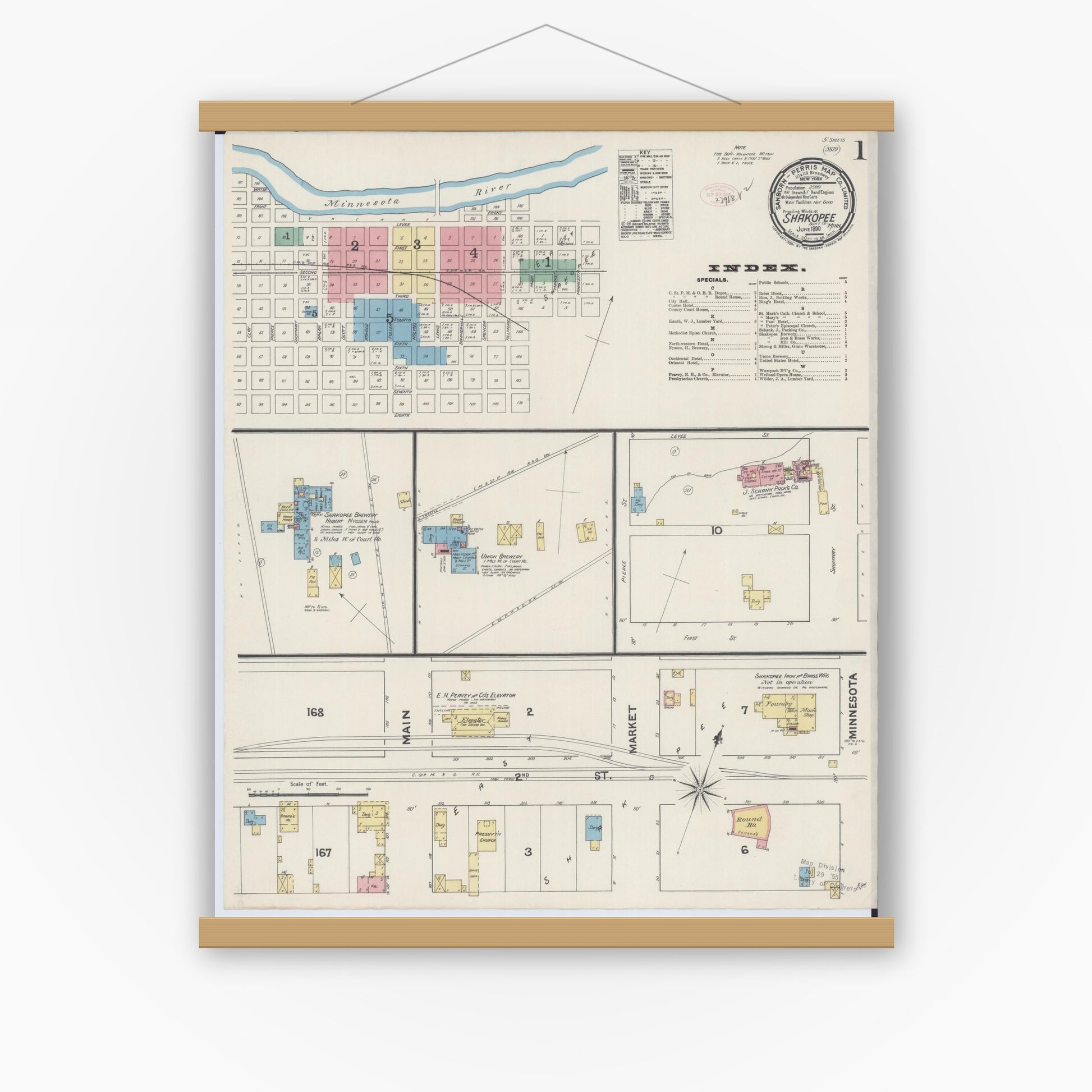 Old map wall art mockup — magnetic wood frame on white wall — Sanborn Fire Insurance Map from Shakopee, Scott County, Minnesota (1890) - Complete Map Set