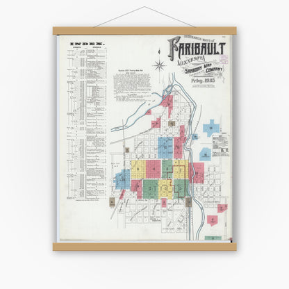 Old map wall art mockup — magnetic wood frame on white wall — Sanborn Fire Insurance Map from Faribault, Rice County, Minnesota (1905) - Complete Map Set