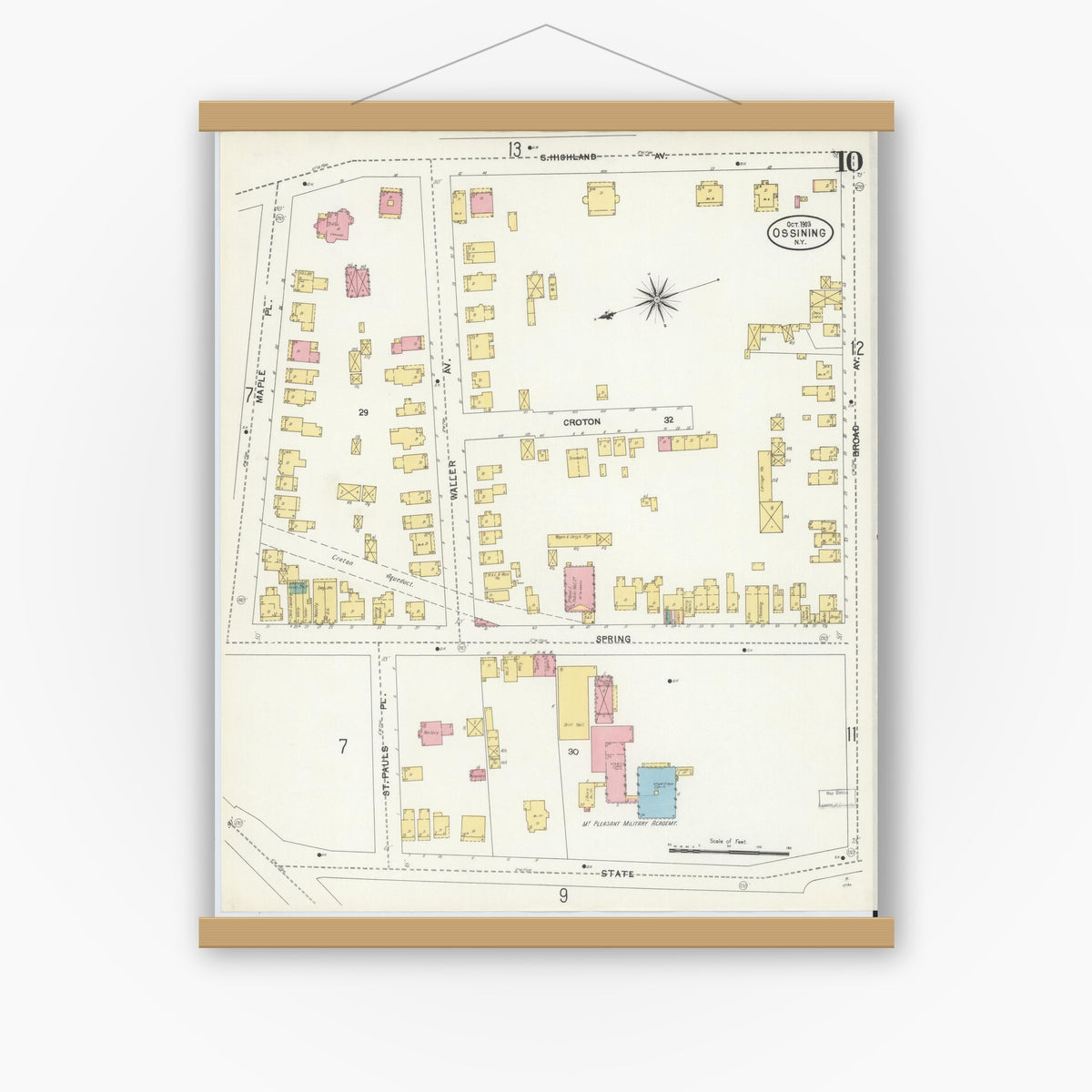 Old map wall art mockup — magnetic wood frame on white wall — Sanborn Fire Insurance Map from Ossining, Westchester County, New York (1903), Sheet #0010
