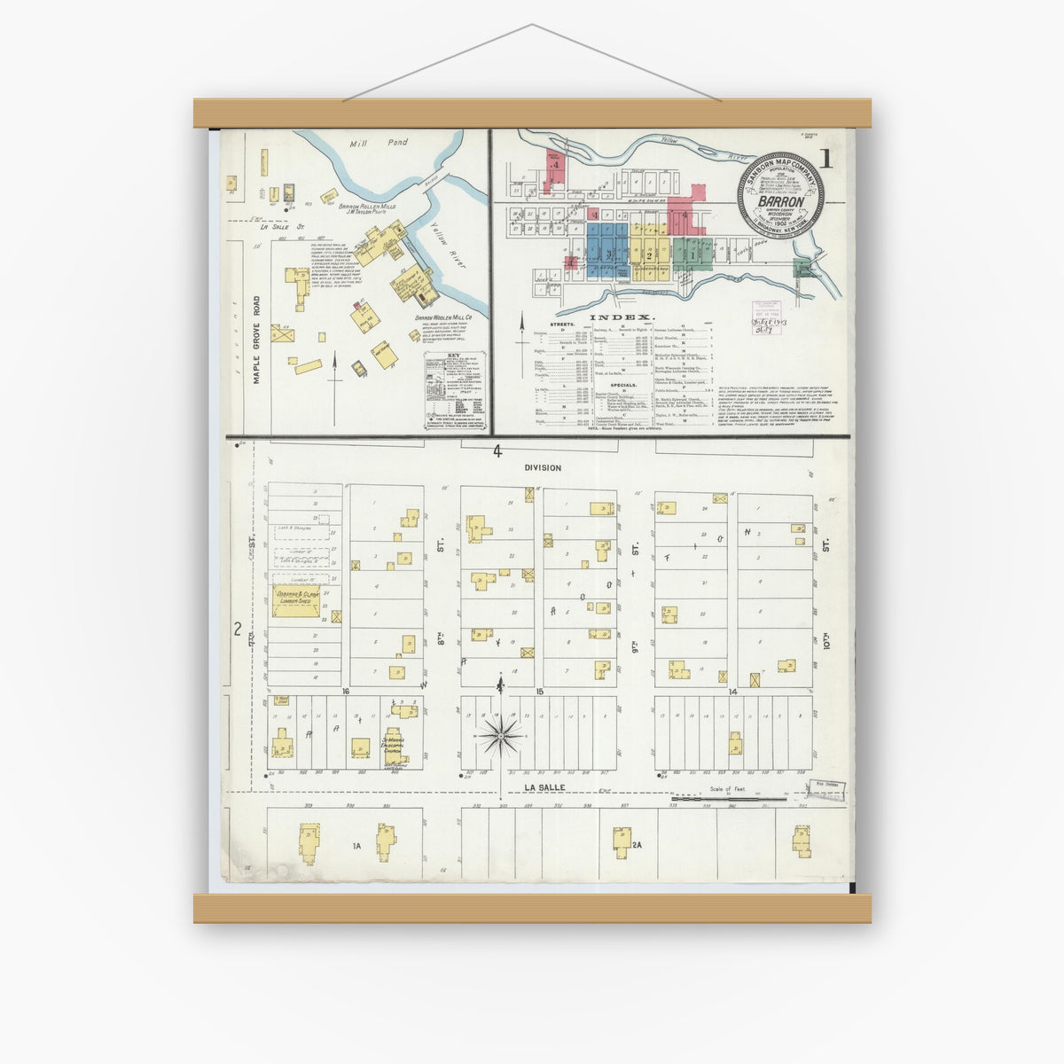 Old map wall art mockup — magnetic wood frame on white wall — Sanborn Fire Insurance Map from Barron, Barron County, Wisconsin (1892) - Complete Map Set