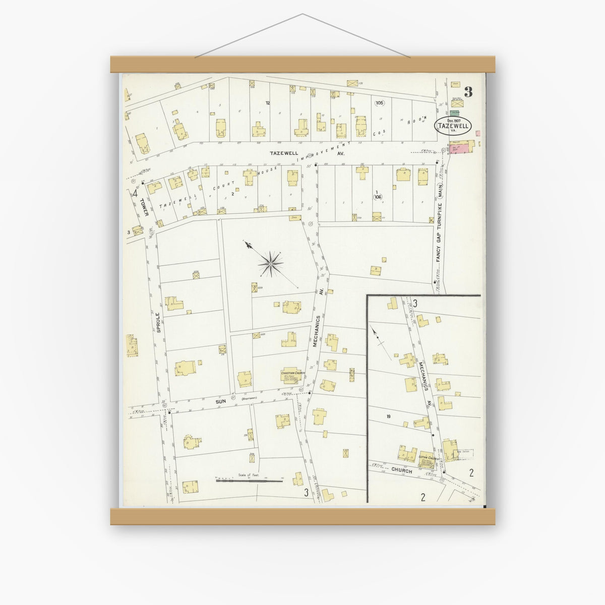 Old map wall art mockup — magnetic wood frame on white wall — Sanborn Fire Insurance Map from Tazewell, Tazewell County, Virginia (1907), Sheet #0003