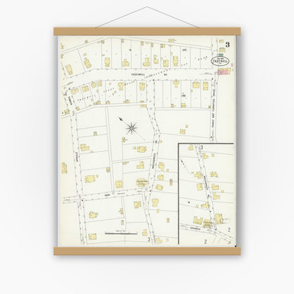 Old map wall art mockup — magnetic wood frame on white wall — Sanborn Fire Insurance Map from Tazewell, Tazewell County, Virginia (1907), Sheet #0003