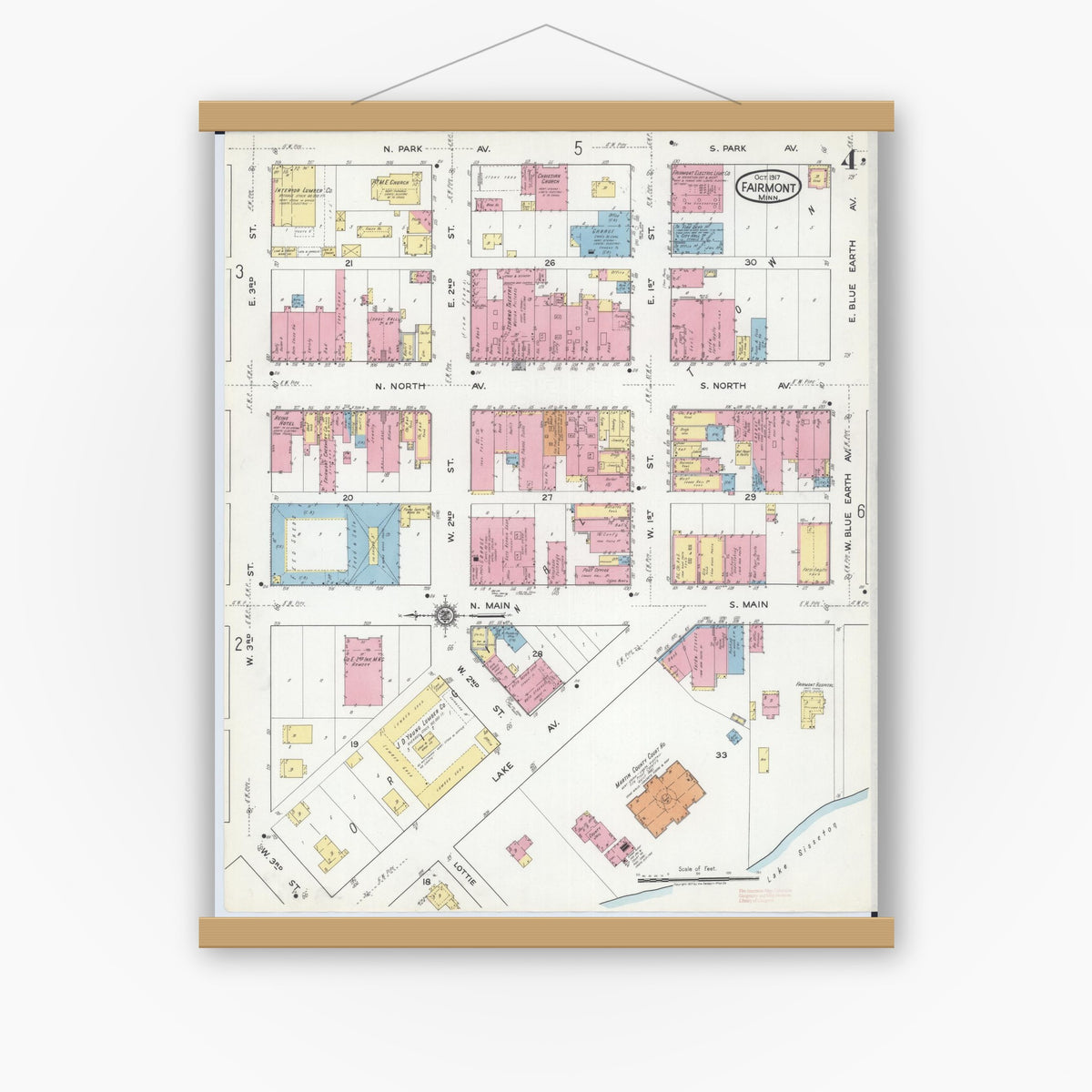Old map wall art mockup — magnetic wood frame on white wall — Sanborn Fire Insurance Map from Fairmont, Martin County, Minnesota (1917), Sheet #0004