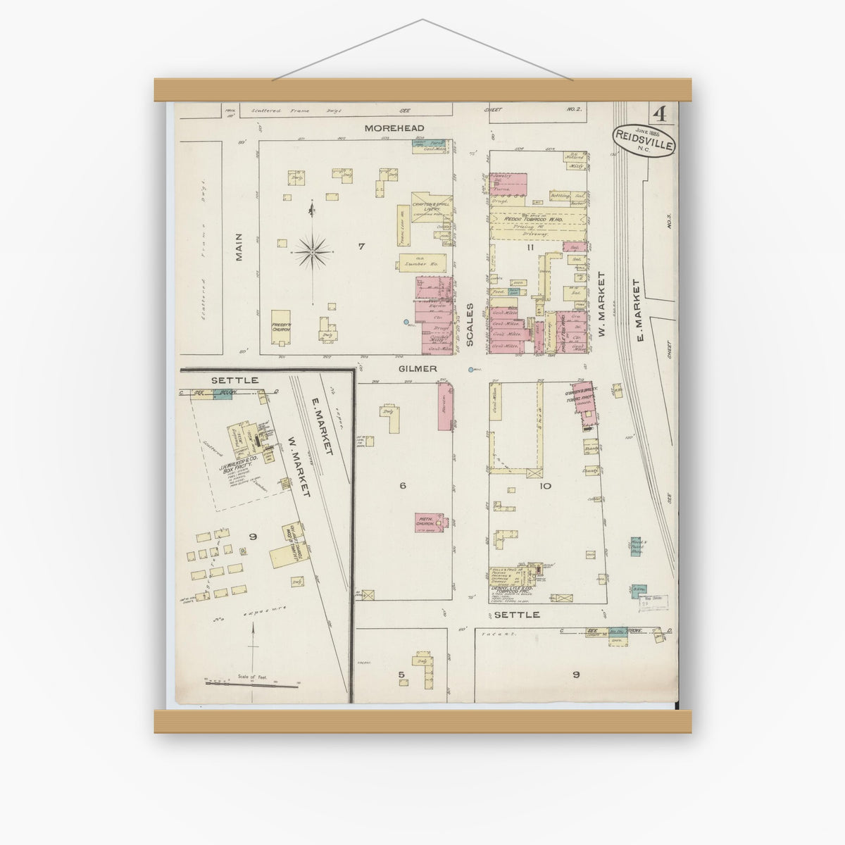 Old map wall art mockup — magnetic wood frame on white wall — Sanborn Fire Insurance Map from Reidsville, Rockingham County, North Carolina (1885), Sheet #0004